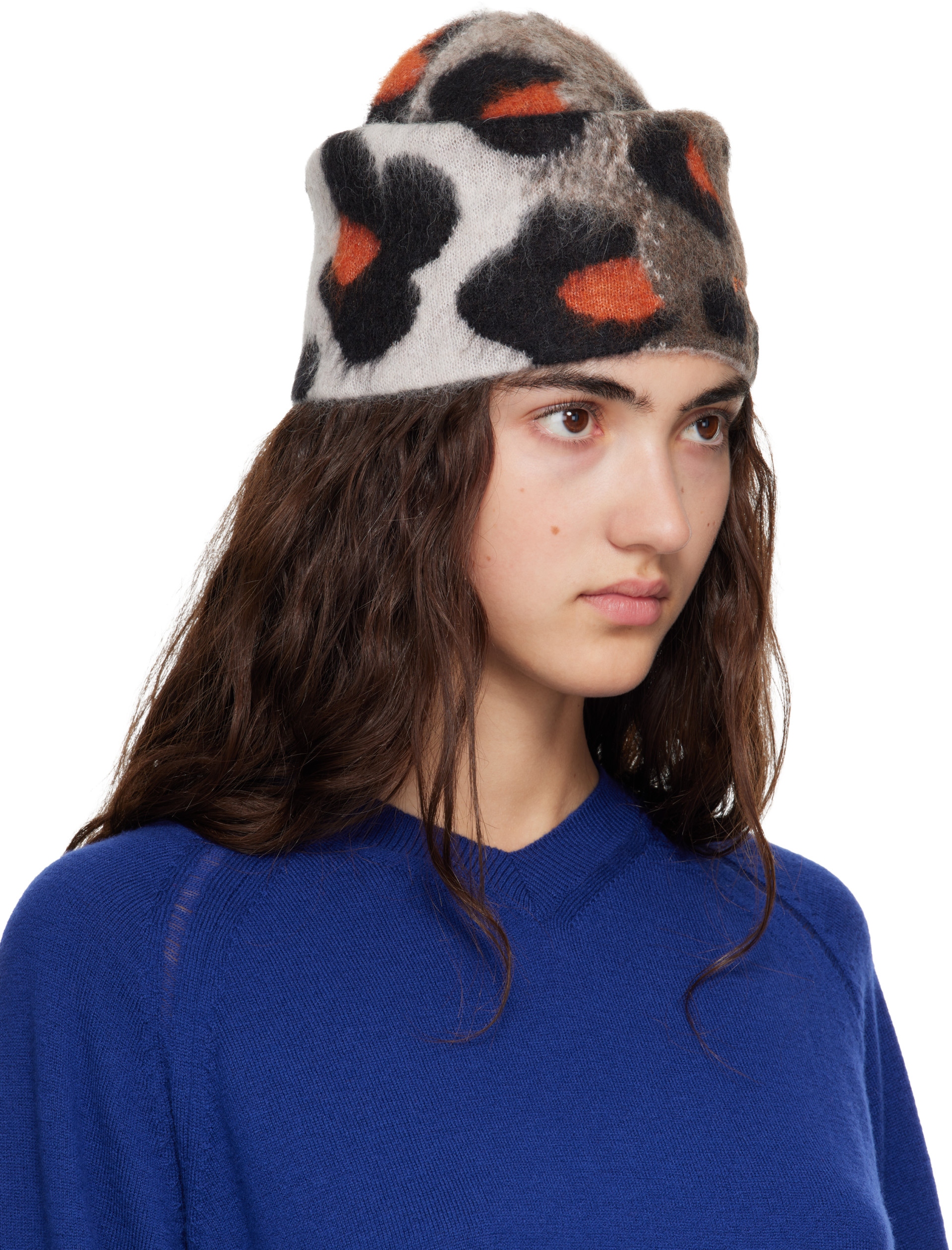 Givenchy - Bonnet taupe et orange à motif guépard