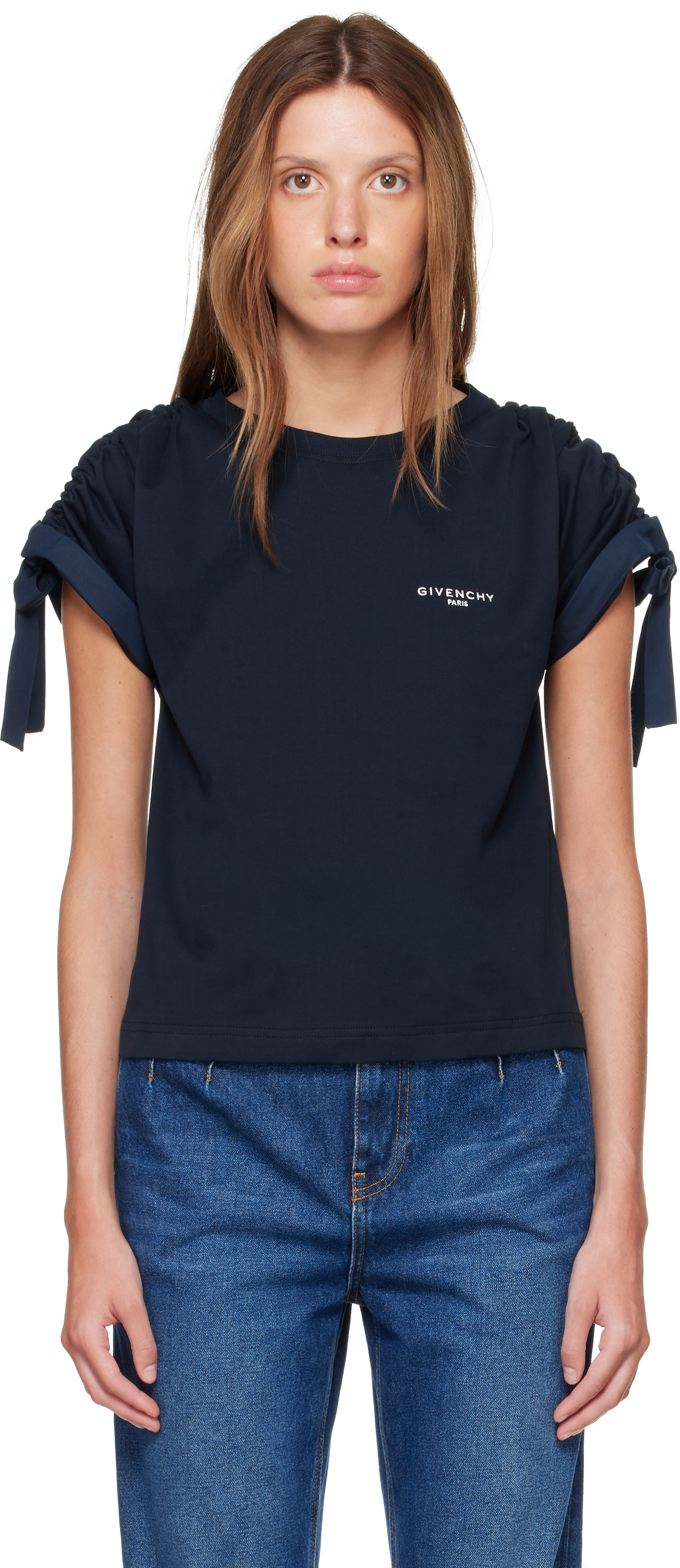 Givenchy: ネイビー Gathered Shoulder Tシャツ | SSENSE 日本