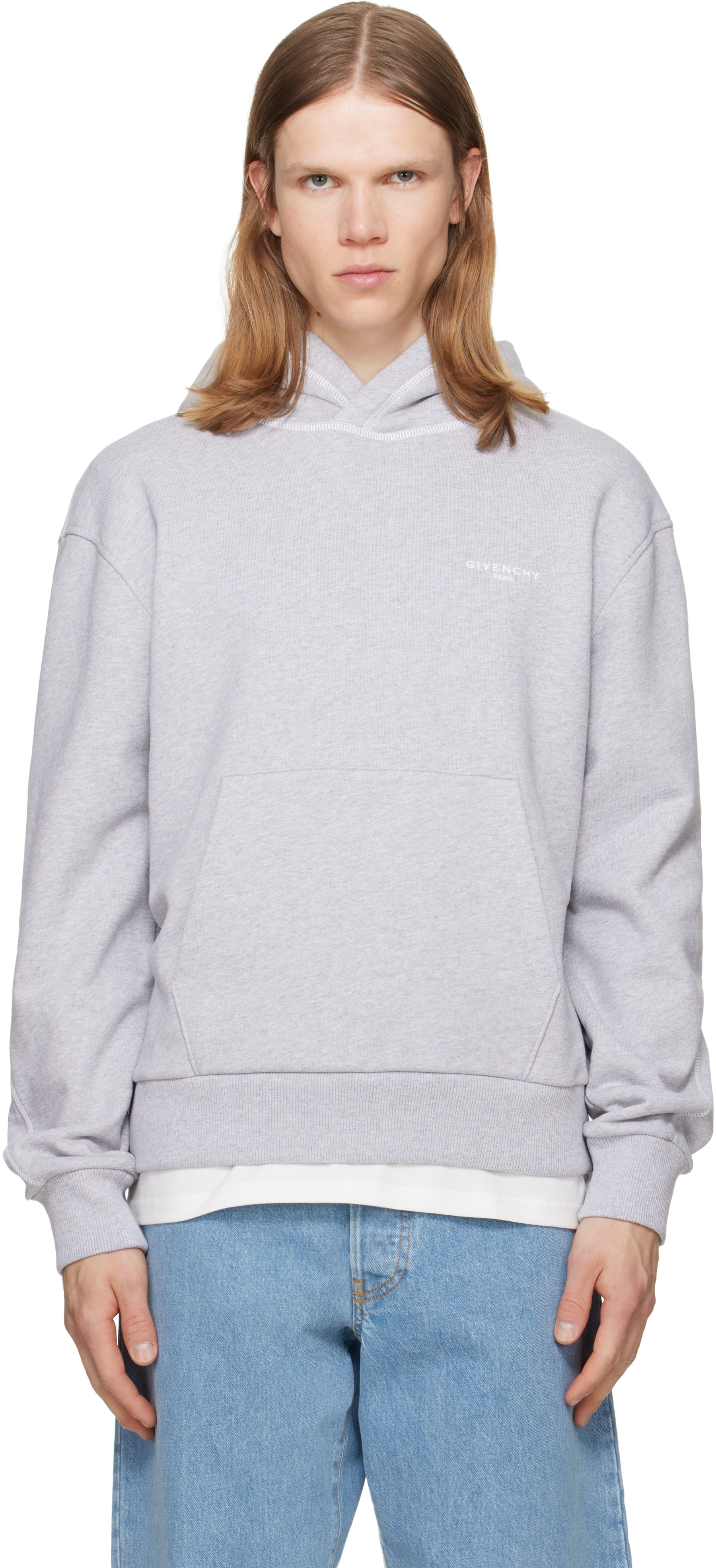 Givenchy - Pull à capuche gris à piqures contrastantes