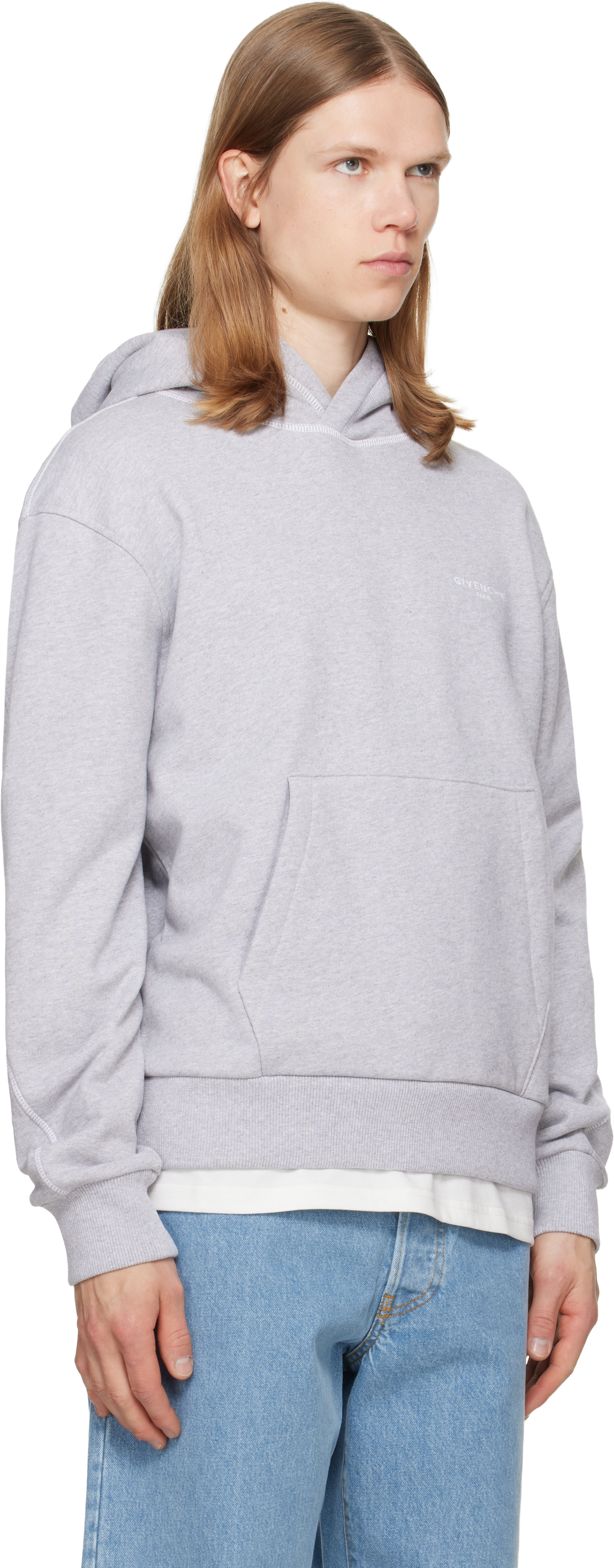 Givenchy - Pull à capuche gris à piqures contrastantes