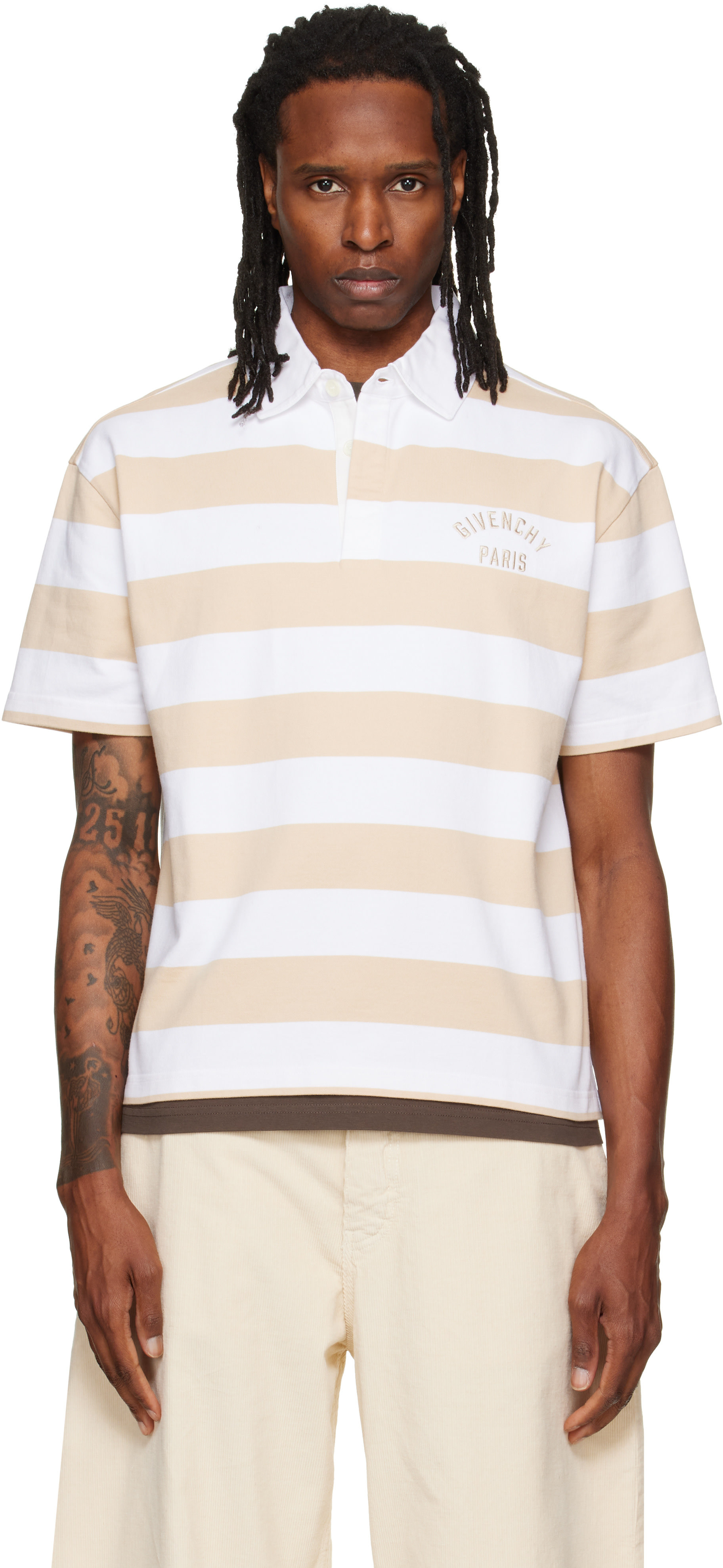 Givenchy: ベージュ＆ホワイト Striped 'Givenchy Paris' Embroidery