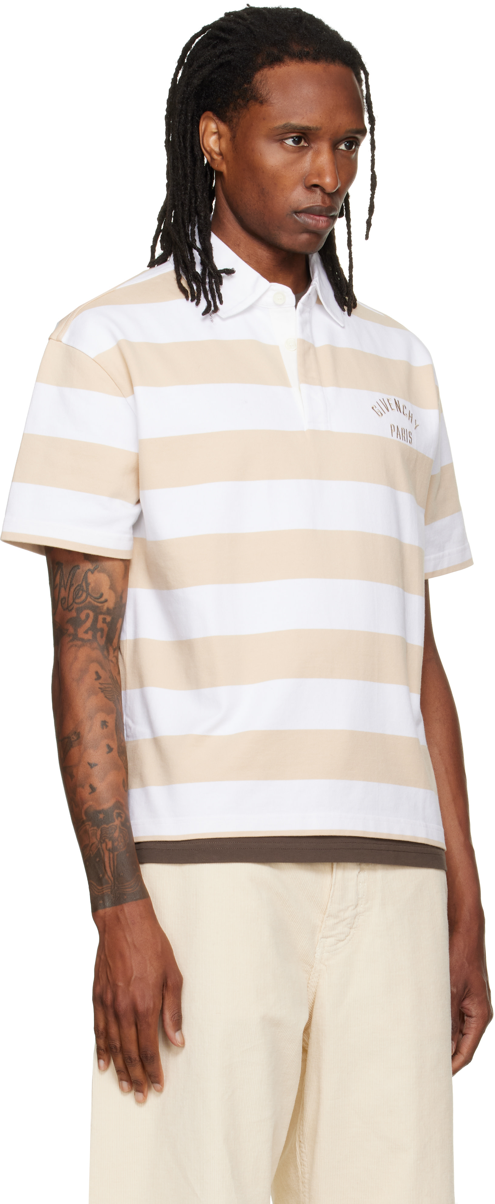 Givenchy: ベージュ＆ホワイト Striped 'Givenchy Paris' Embroidery