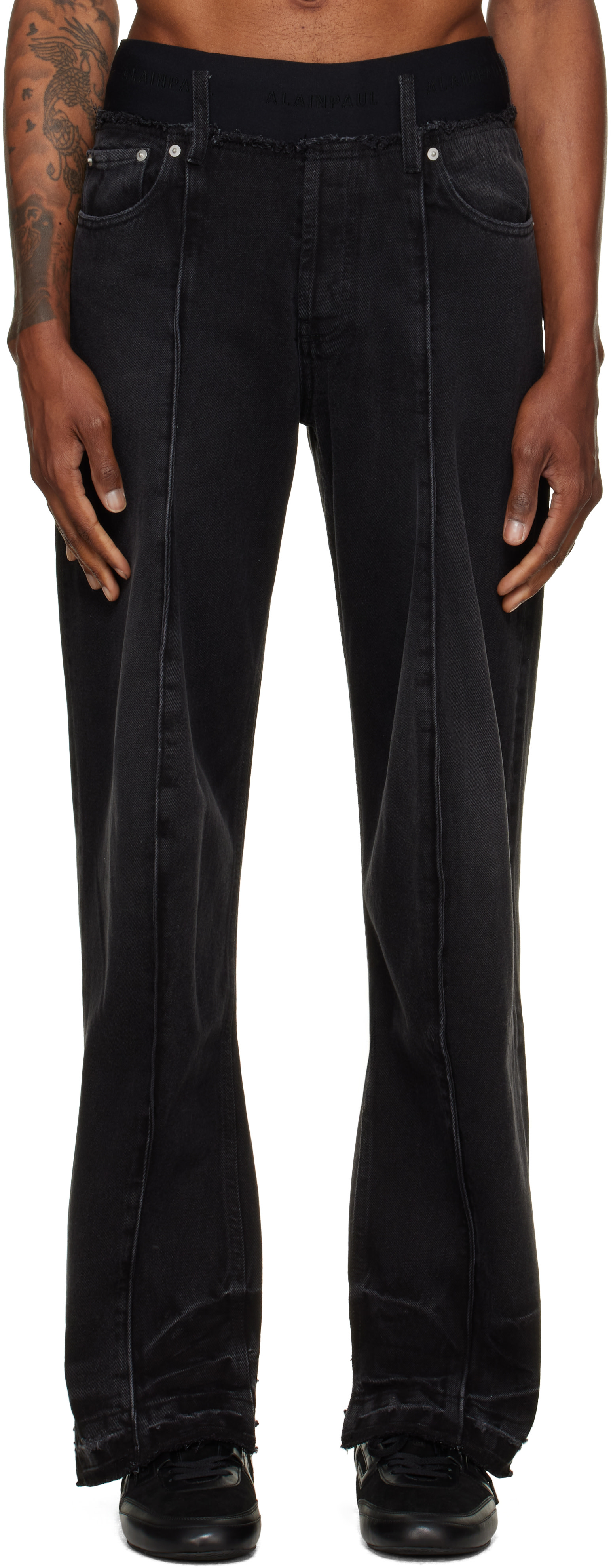ALAINPAUL - Black Elasticated Waist Knee Shape Jeans