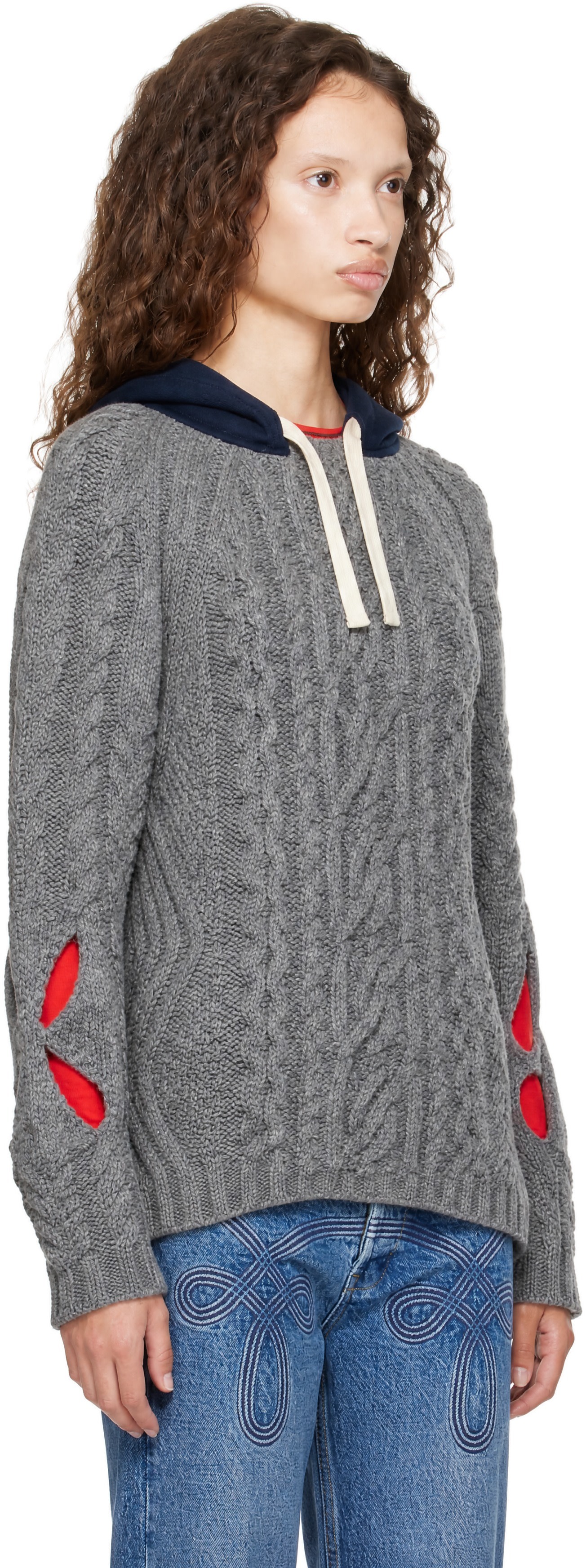 Stefan Cooke - Pull à capuche gris en tricot câblé