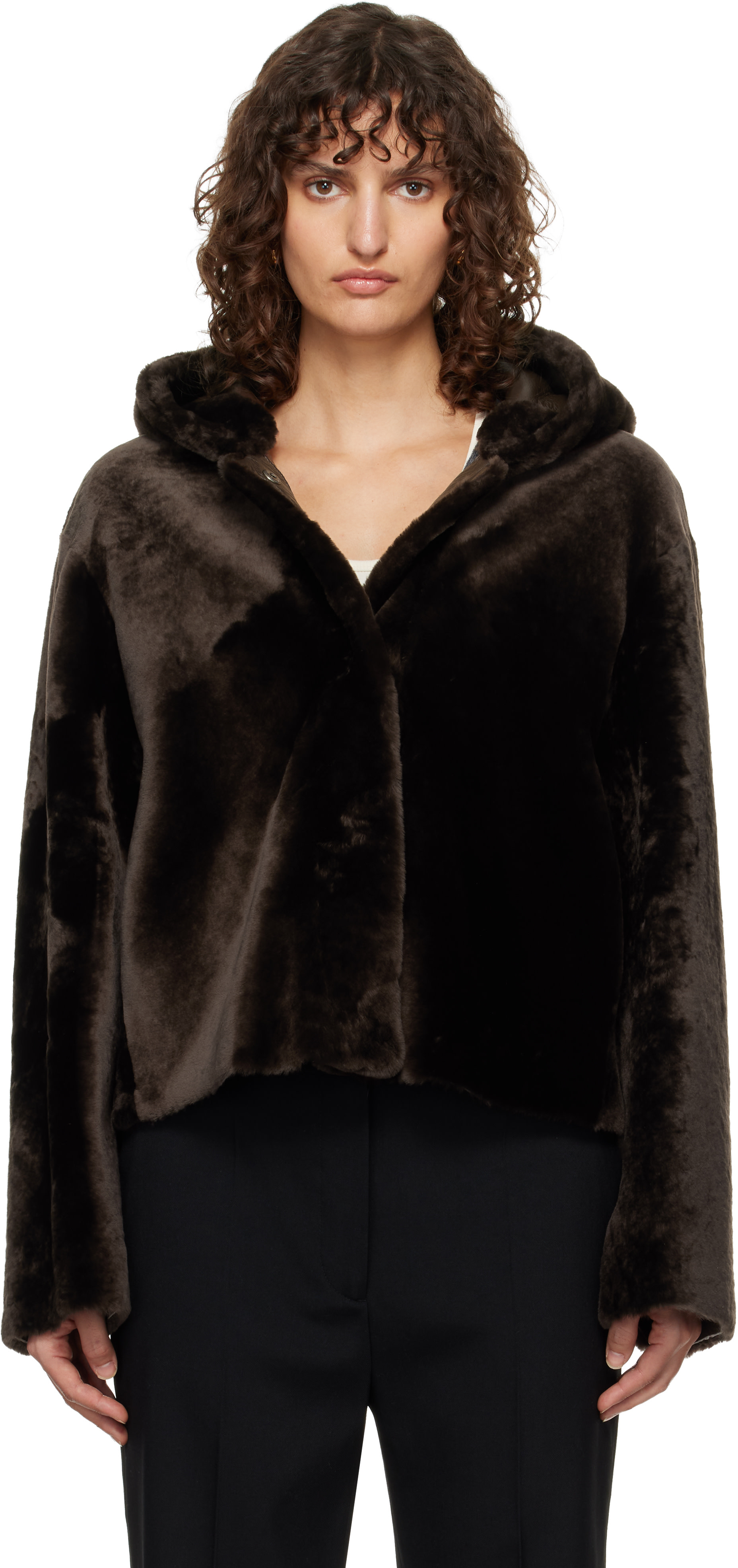 Nour Hammour - Brown Cooper Hooded Curly Shearling Jacket