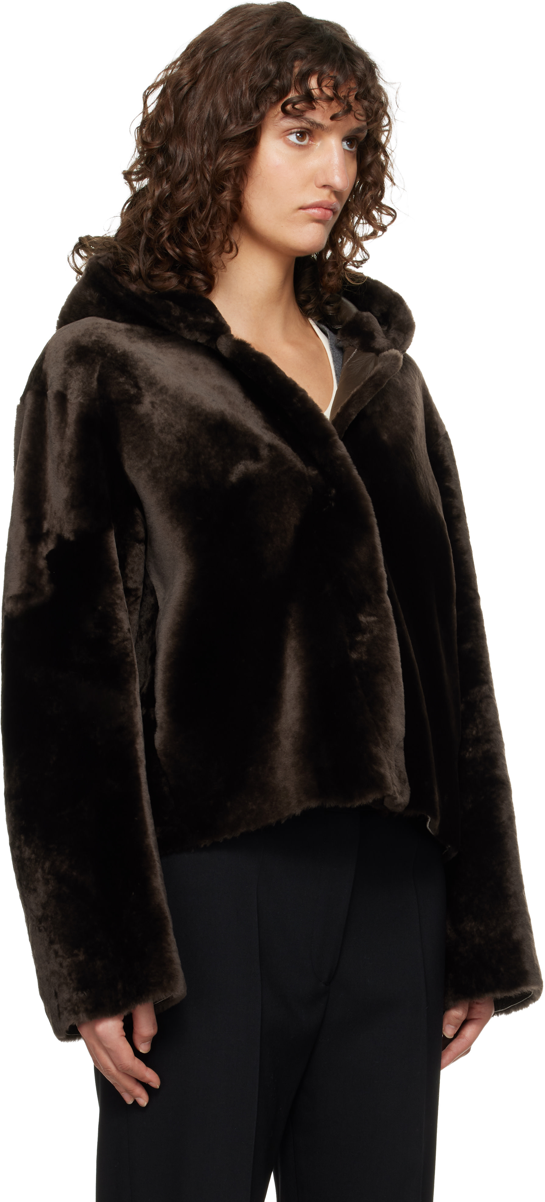 Nour Hammour - Brown Cooper Hooded Curly Shearling Jacket