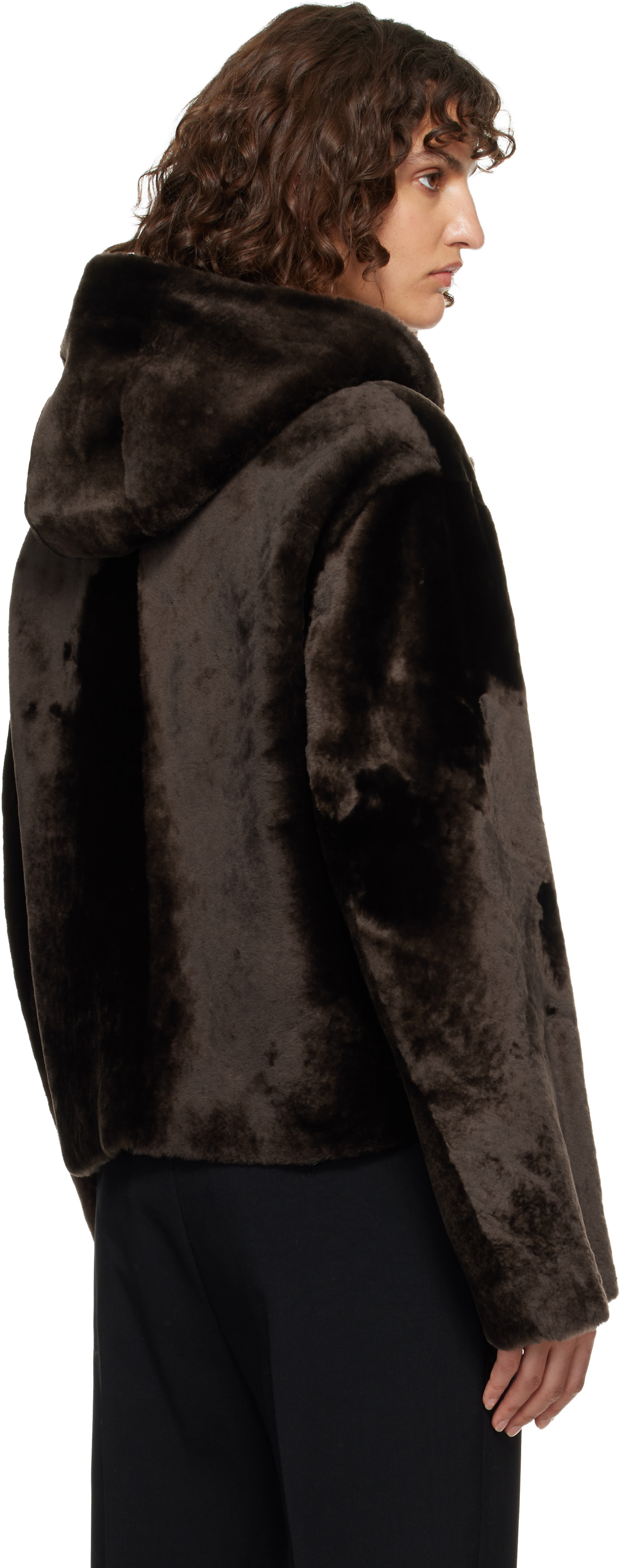 Nour Hammour - Brown Cooper Hooded Curly Shearling Jacket