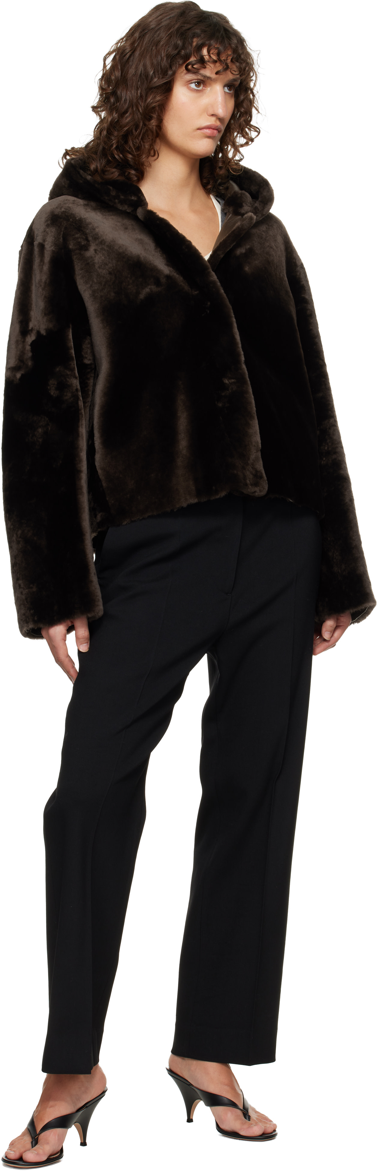 Nour Hammour - Brown Cooper Hooded Curly Shearling Jacket