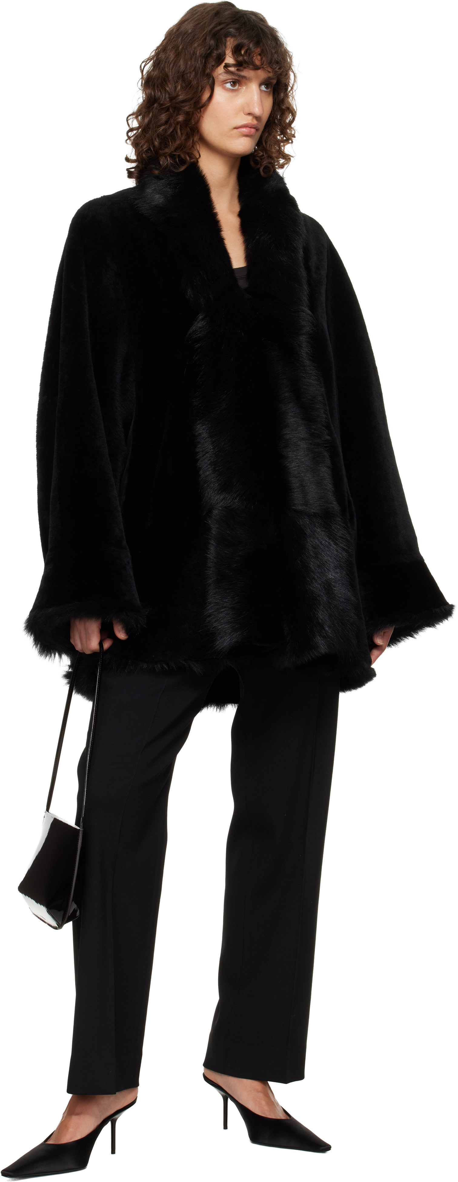Nour Hammour: Black Sima Midi Shearling Coat | SSENSE