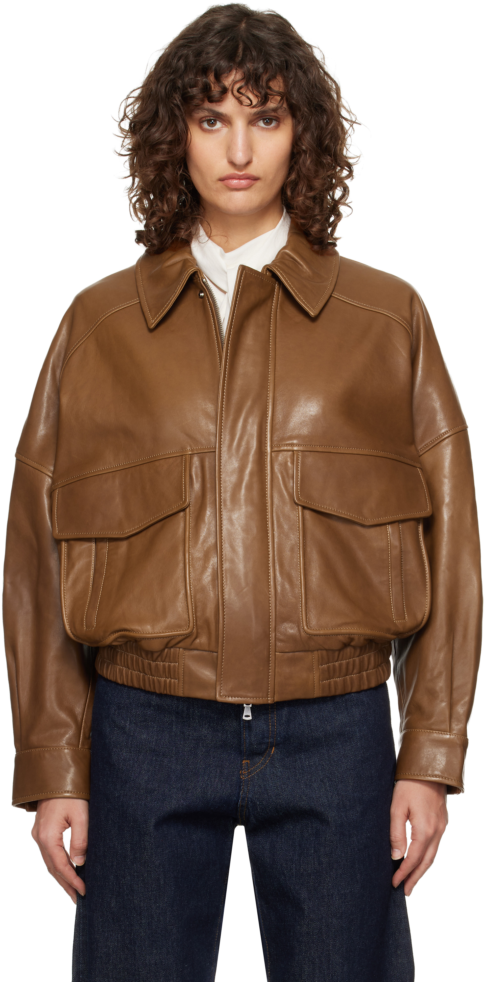 Nour Hammour - Brown Runa Soft Leather Bomber Jacket