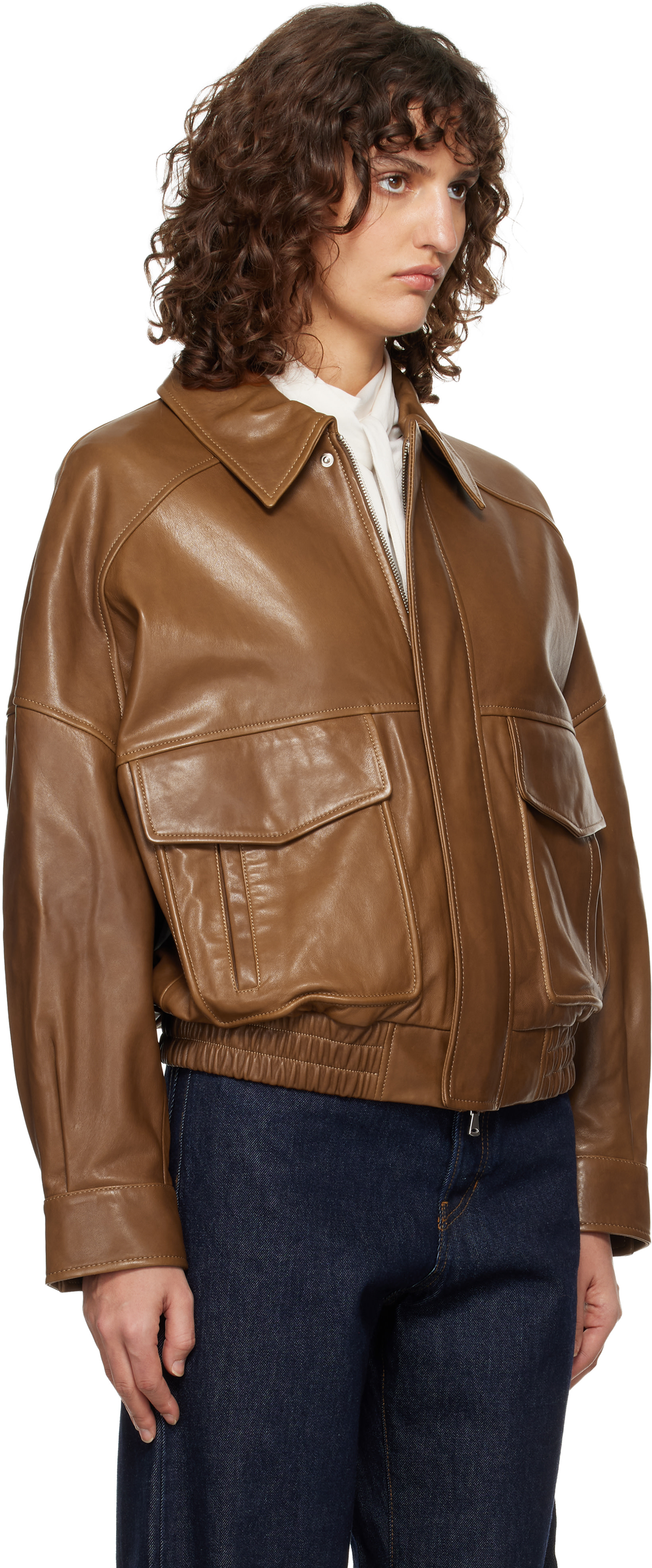 Nour Hammour - Brown Runa Soft Leather Bomber Jacket