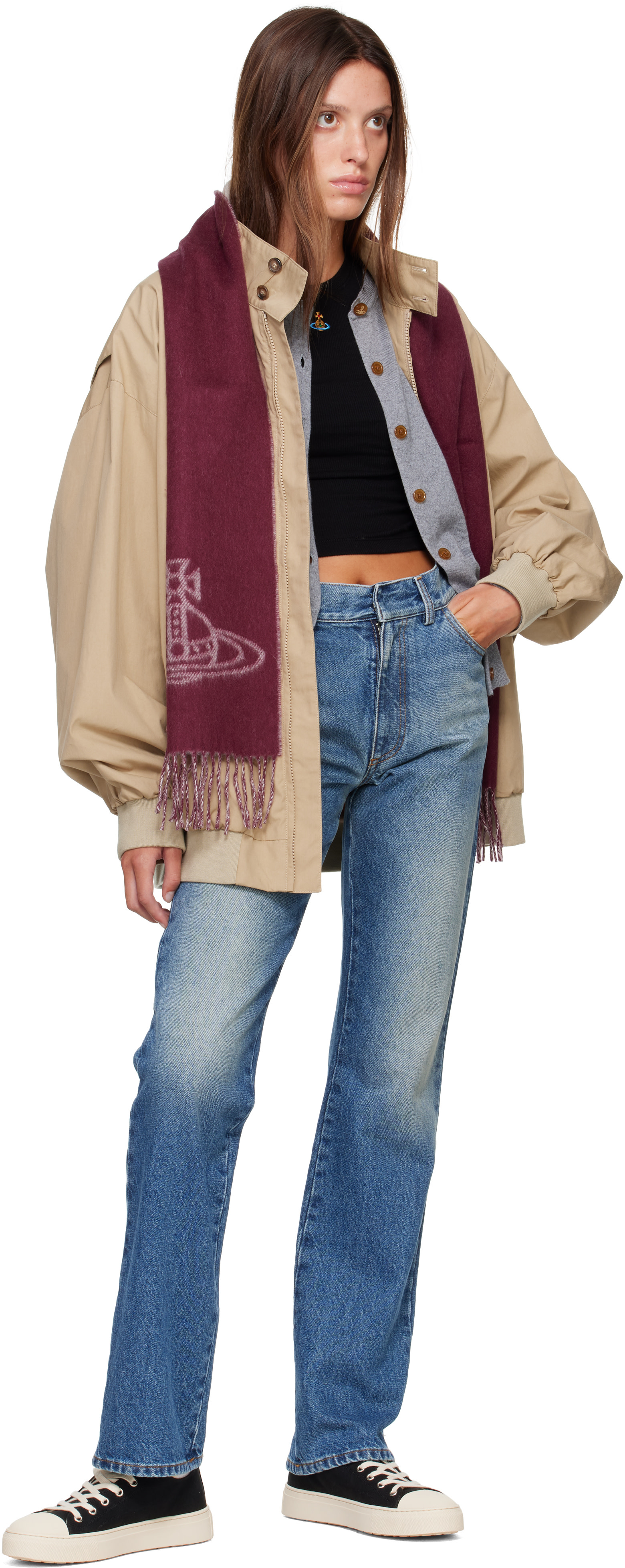 Vivienne Westwood バーガンディマフラー Vivienne Westwood: バーガンディ ダブルフェイス マフラー | SSENSE 日本