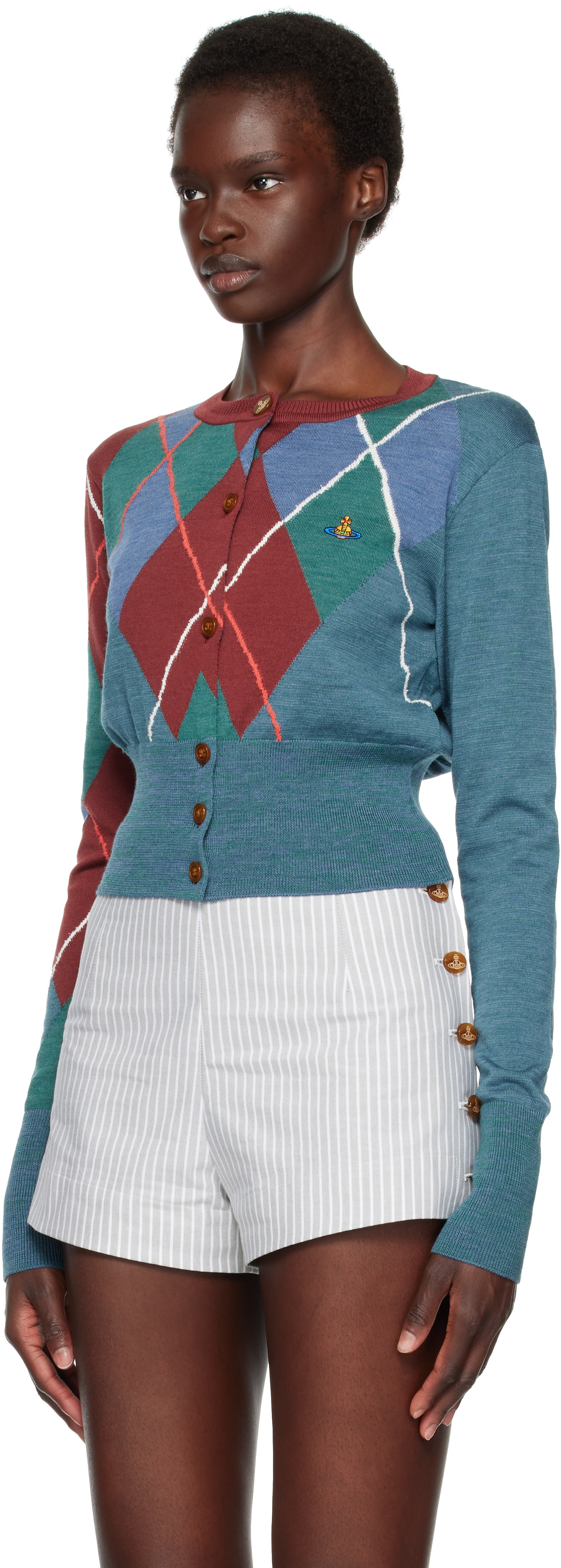 vivienne westwood 半袖コットンカーディガン　ターコイズブルー Vivienne Westwood: Blue Argyle Cropped Cardigan | SSENSE