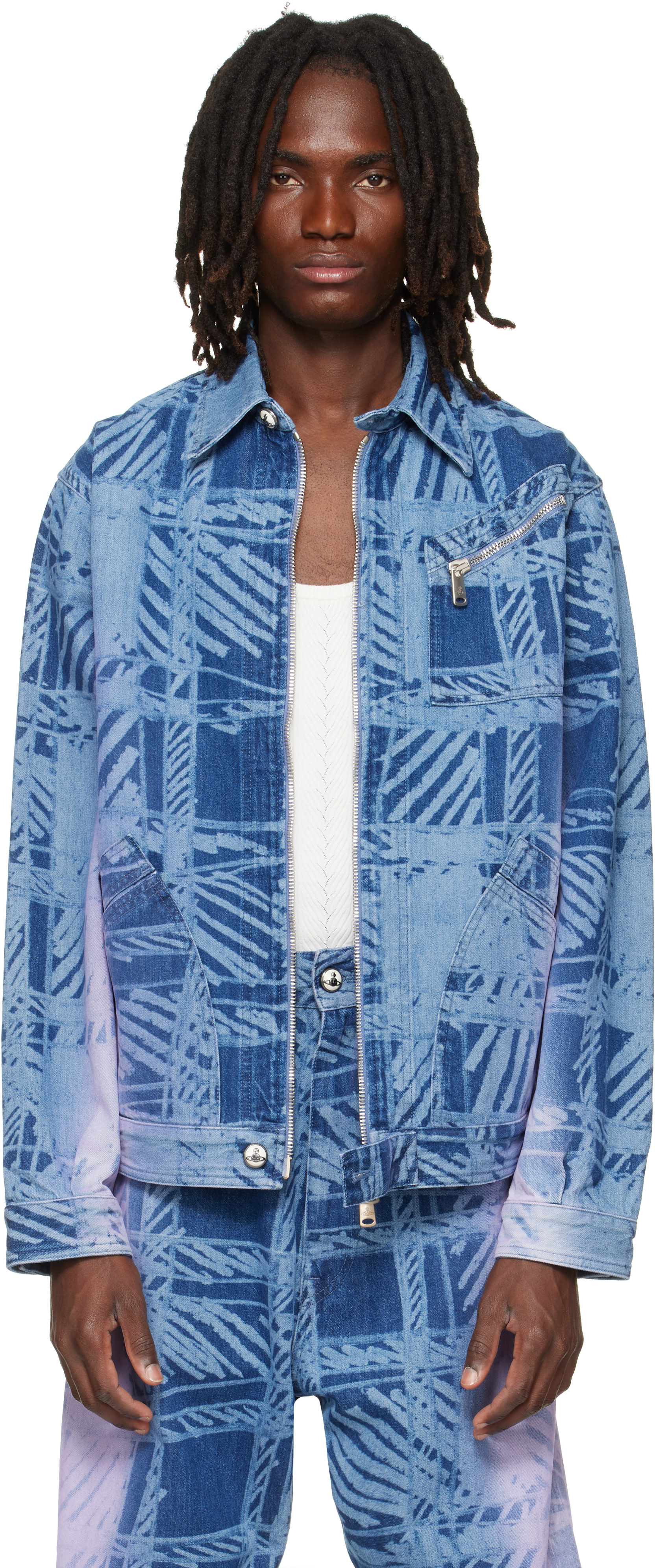 【VIVIENNE TAM】デニム ジャケット ブルゾン ノーカラー（L相当） Vivienne Westwood: ブルー Piranha デニムジャケット | SSENSE 日本