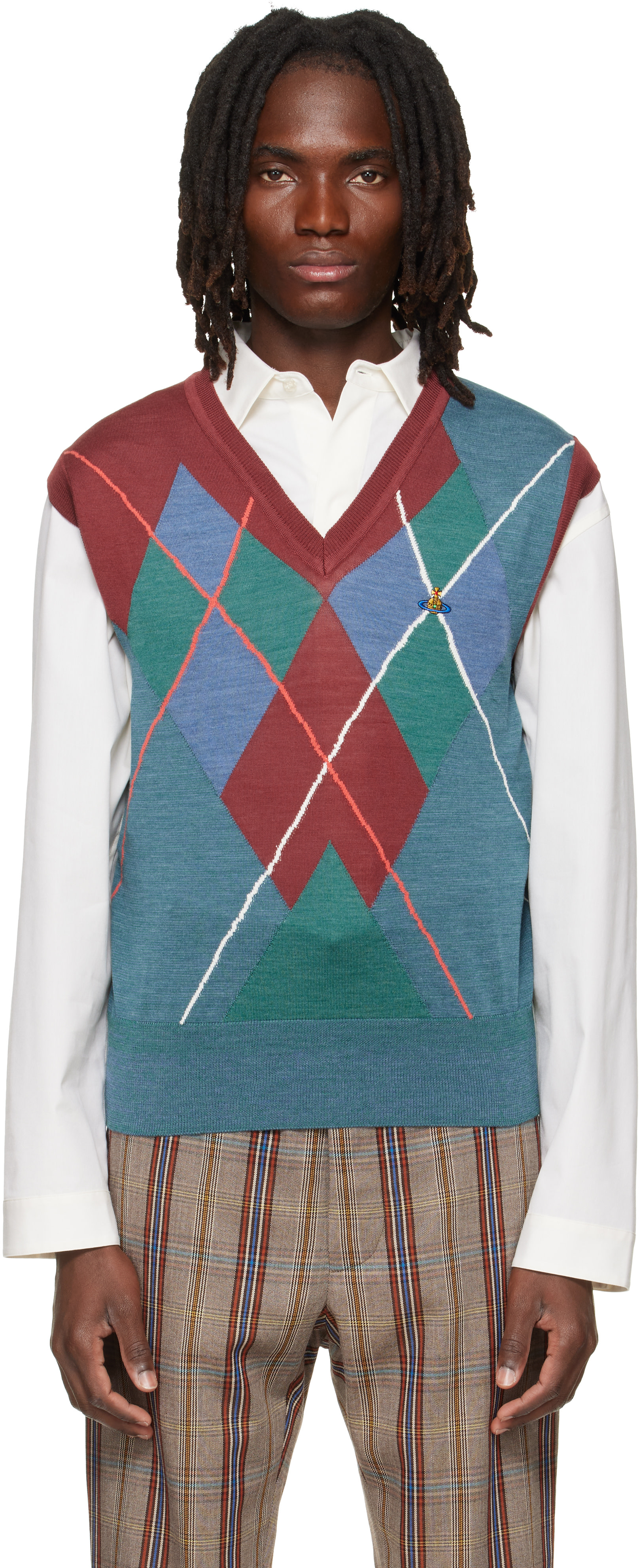 Vivienne Westwood: Burgundy & Blue Argyle Vest | SSENSE