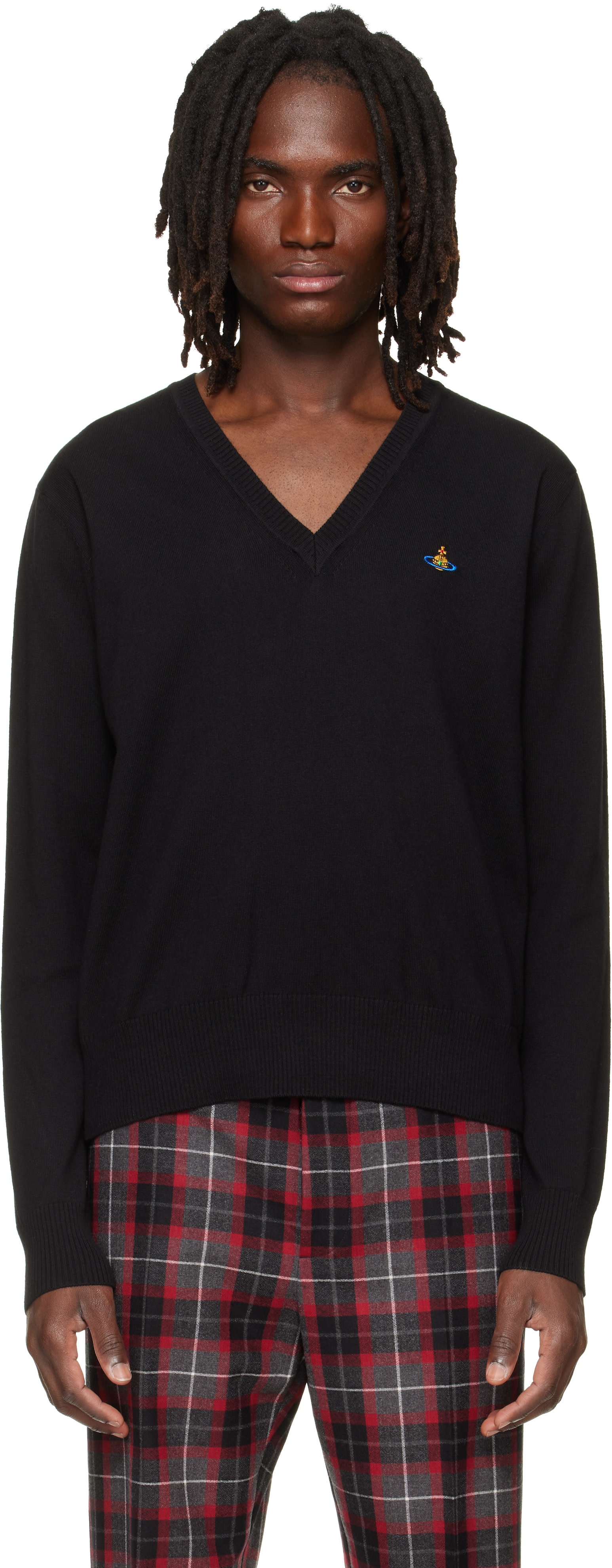 Vivienne Westwood MAN Vネックニット Vivienne Westwood: Black Mark V-Neck Sweater | SSENSE