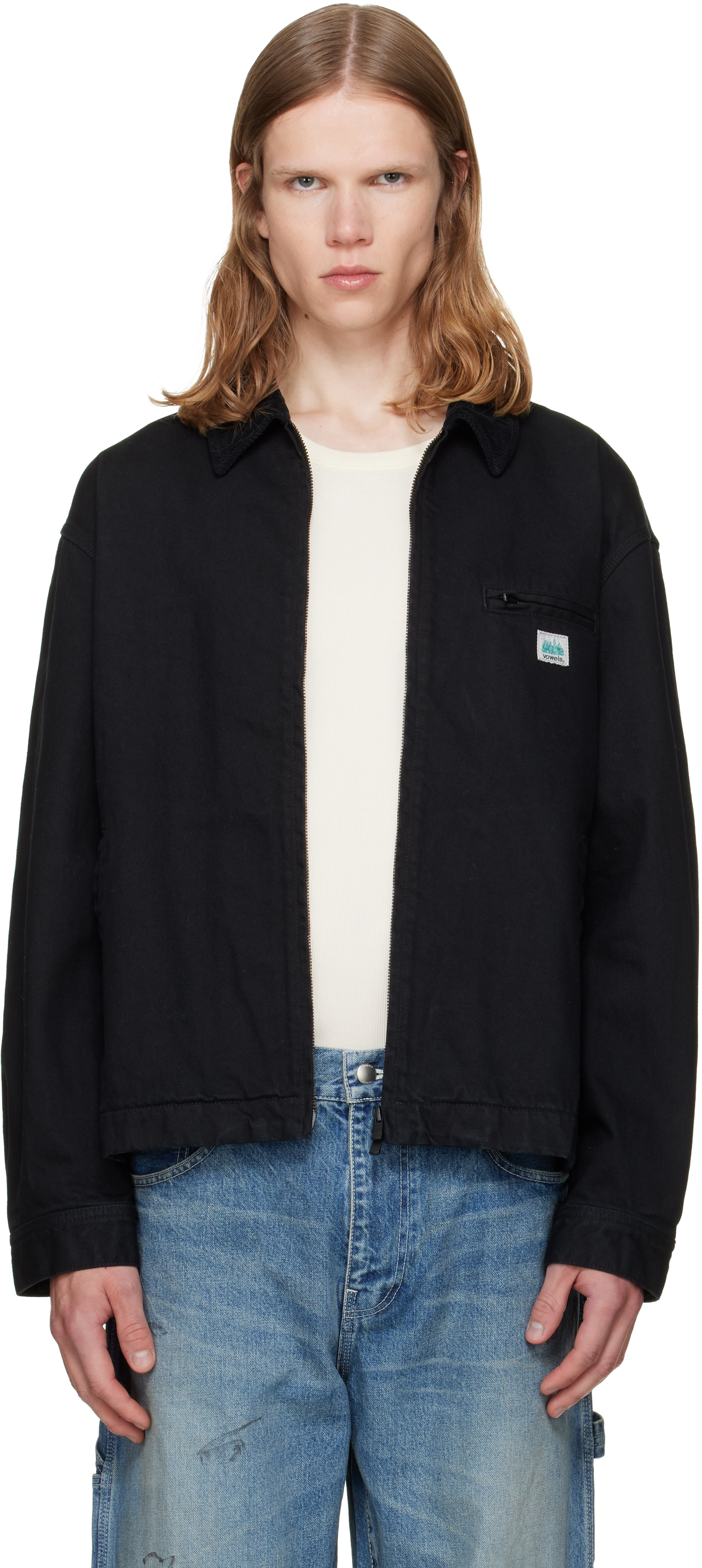 vowels - Black Cord Collared Zip-Up Denim Jacket