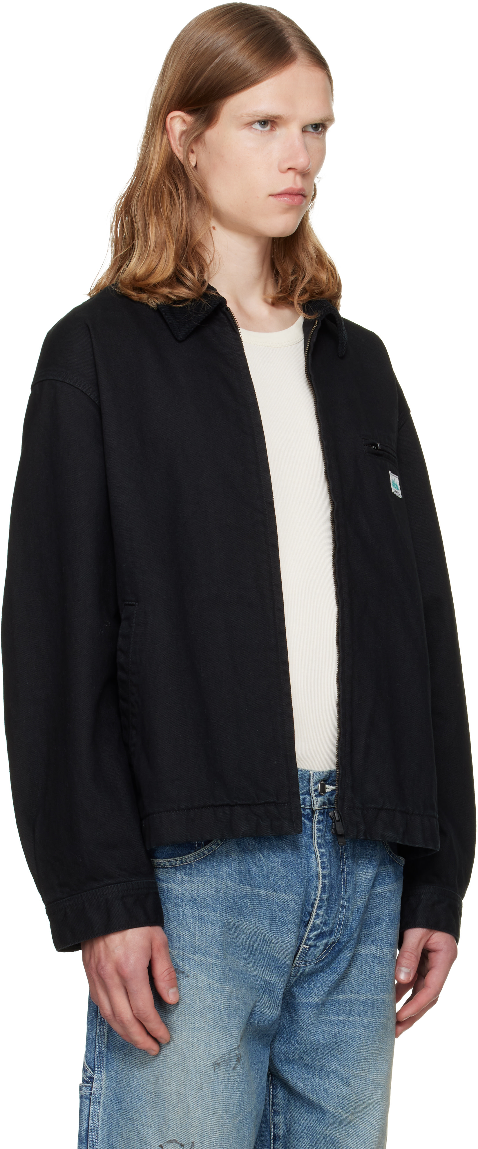 vowels - Black Cord Collared Zip-Up Denim Jacket