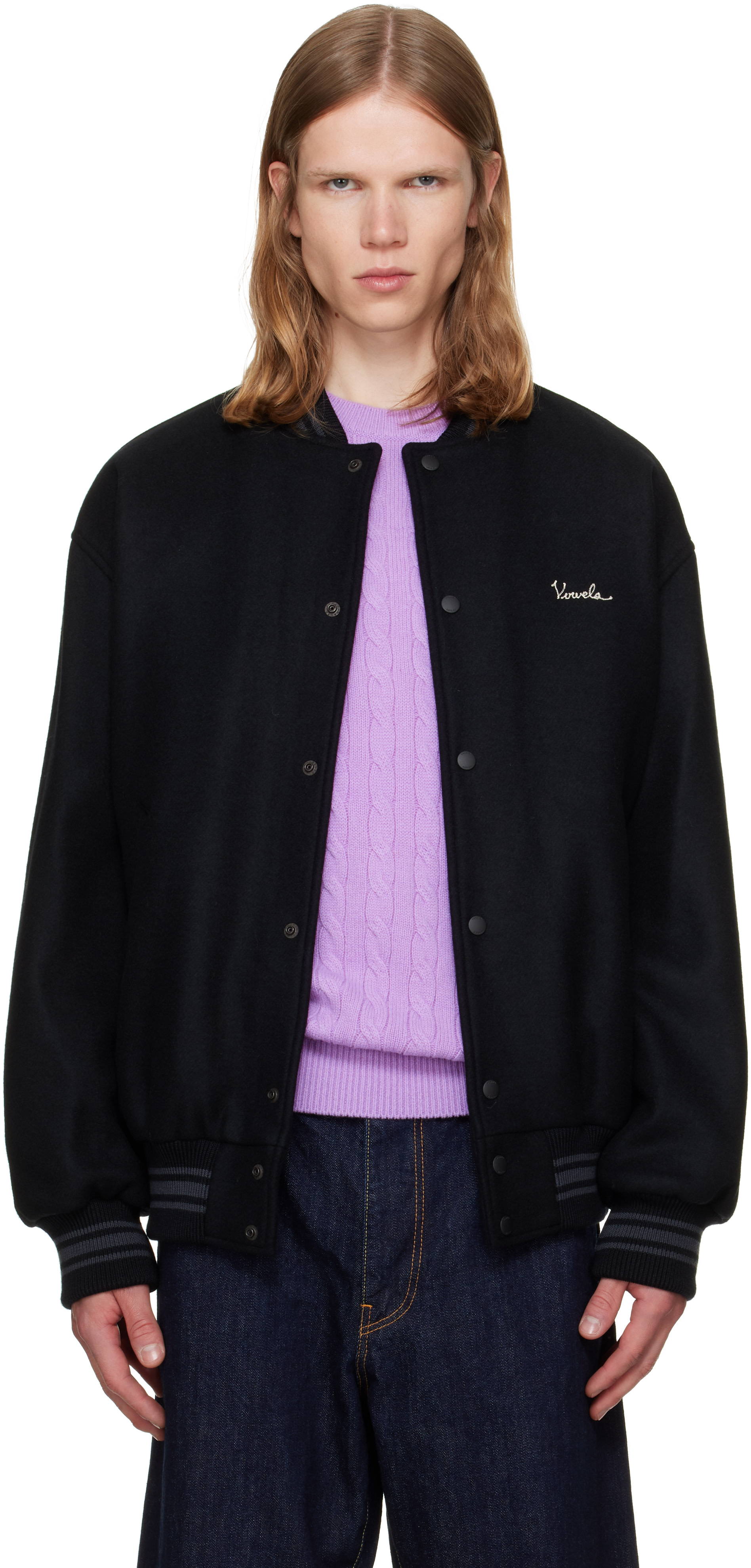 vowels - Black Wool Varsity Bomber Jacket