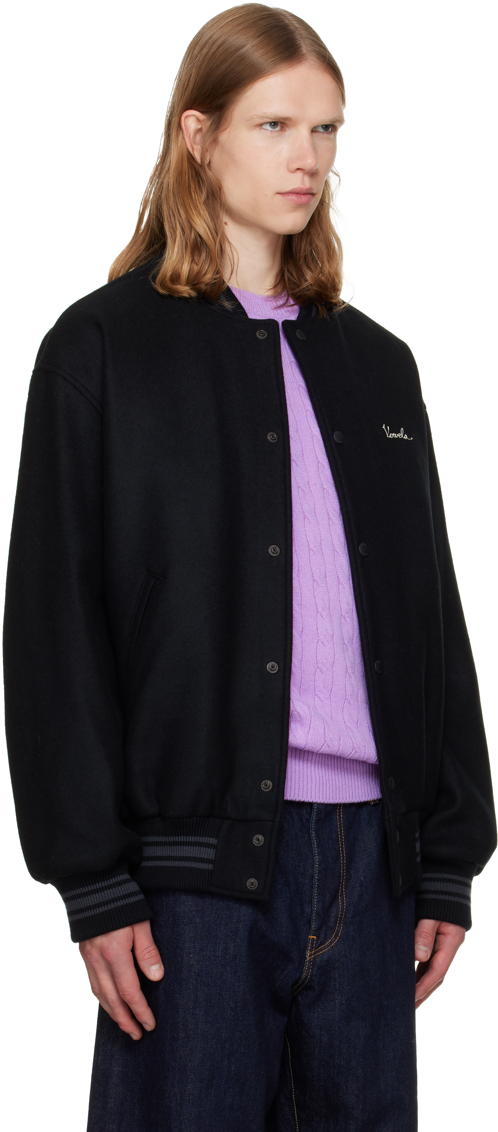vowels - Black Wool Varsity Bomber Jacket