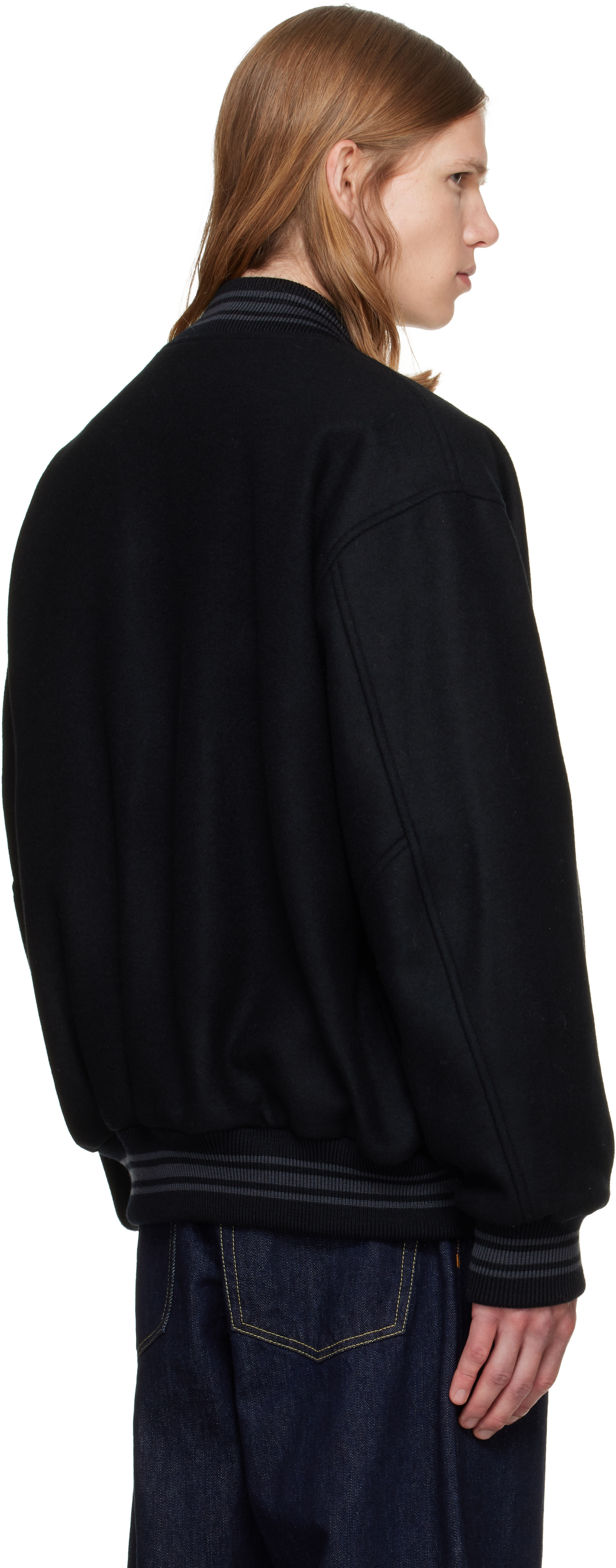 vowels - Black Wool Varsity Bomber Jacket