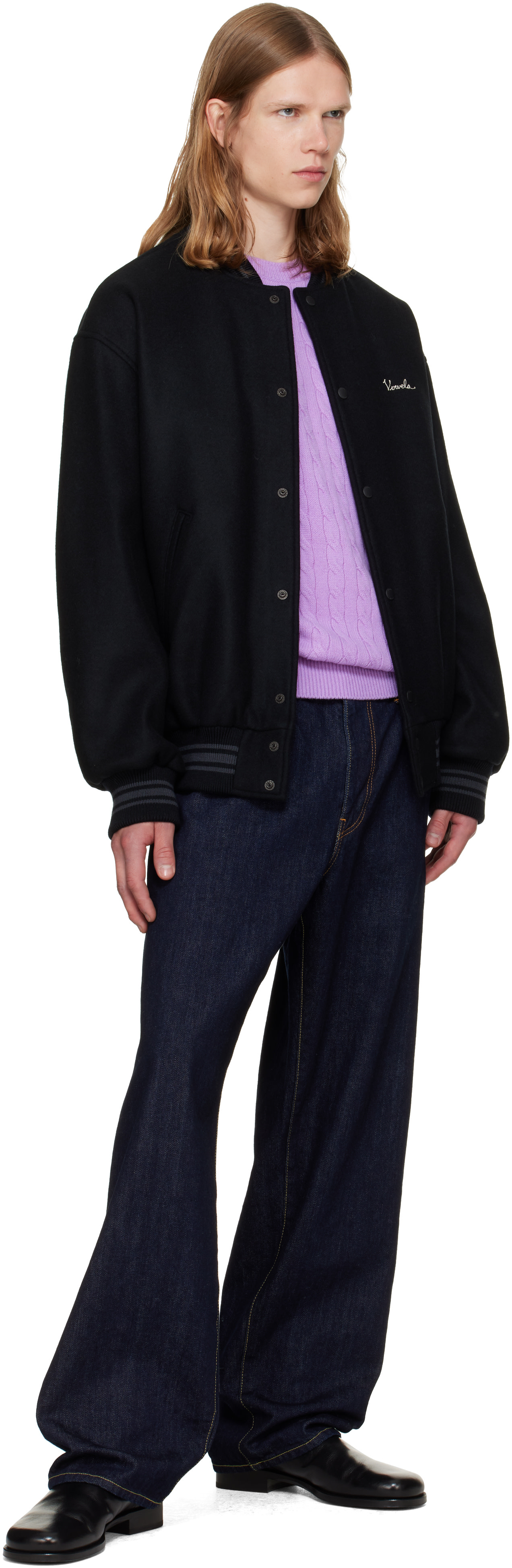 vowels - Black Wool Varsity Bomber Jacket