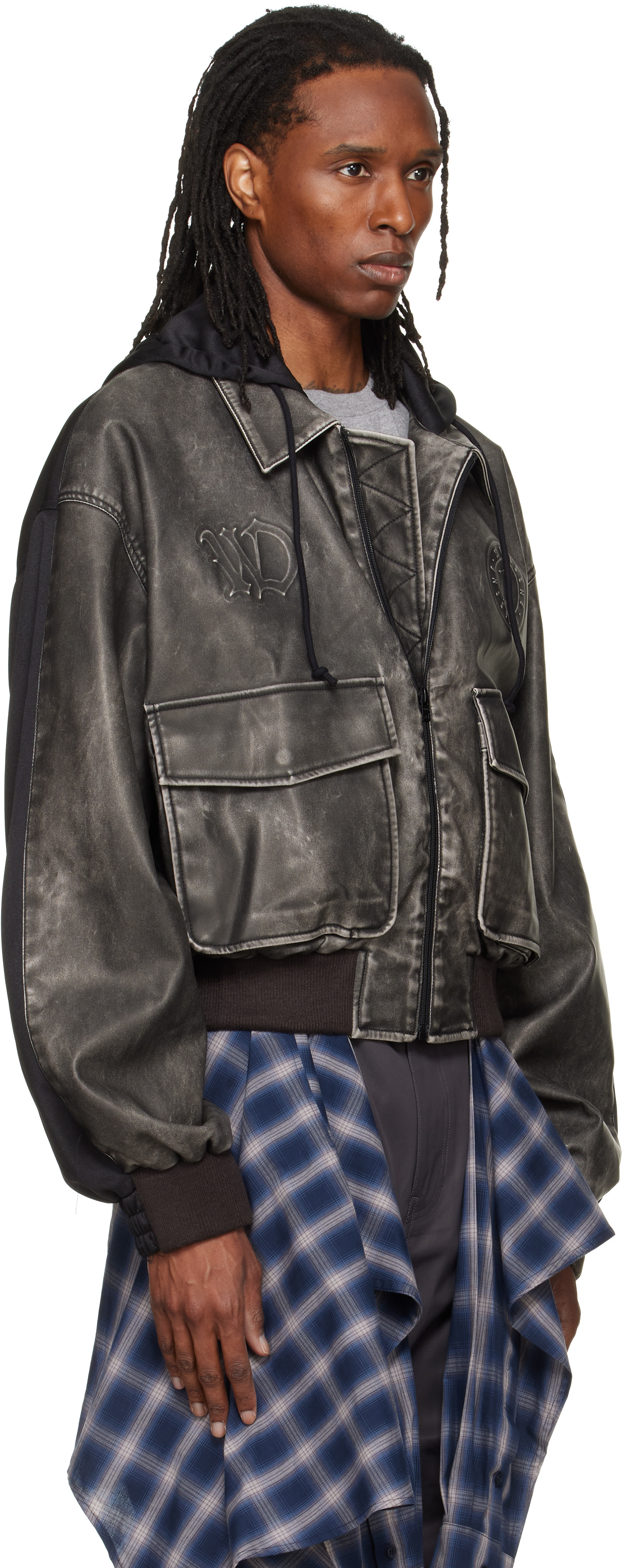 We11done: Black Hybrid Hooded Faux-Leather Track Jacket | SSENSE
