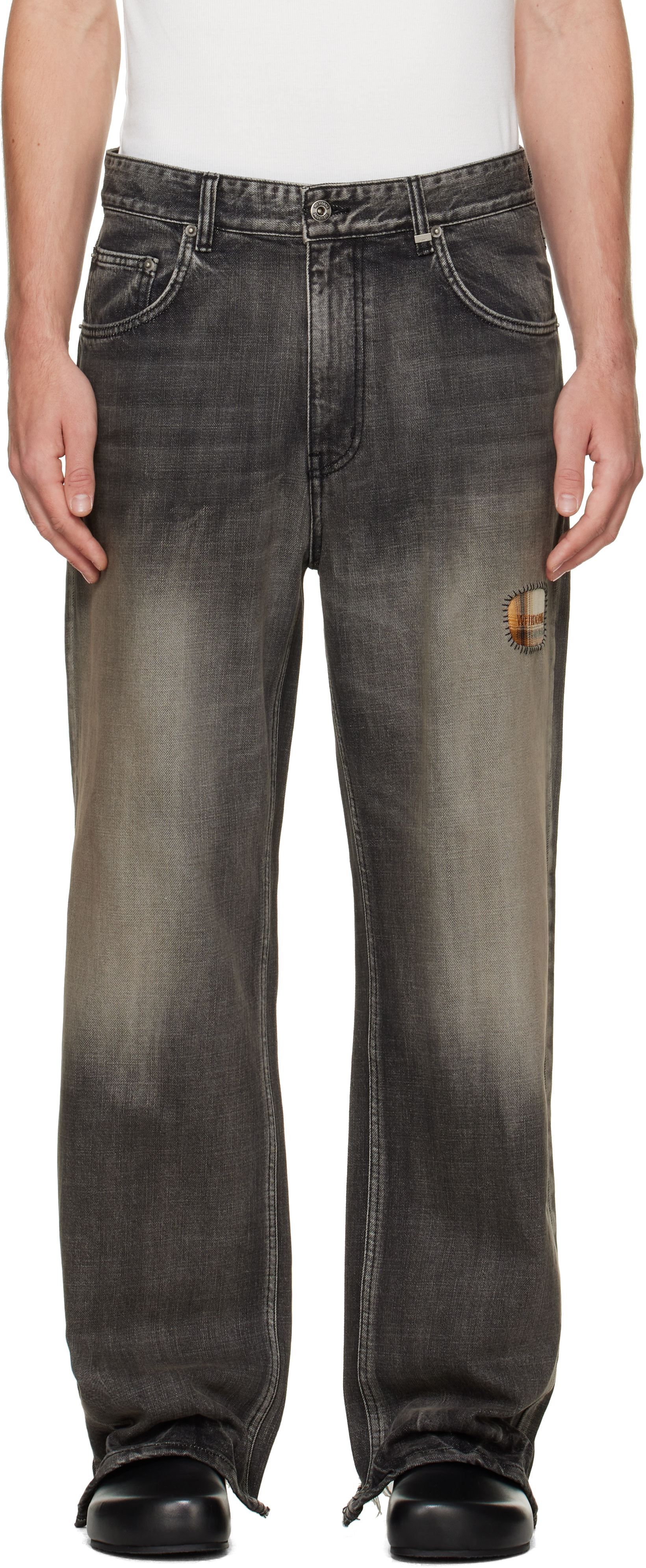 We11done - Black Repaired Check Denim Jeans