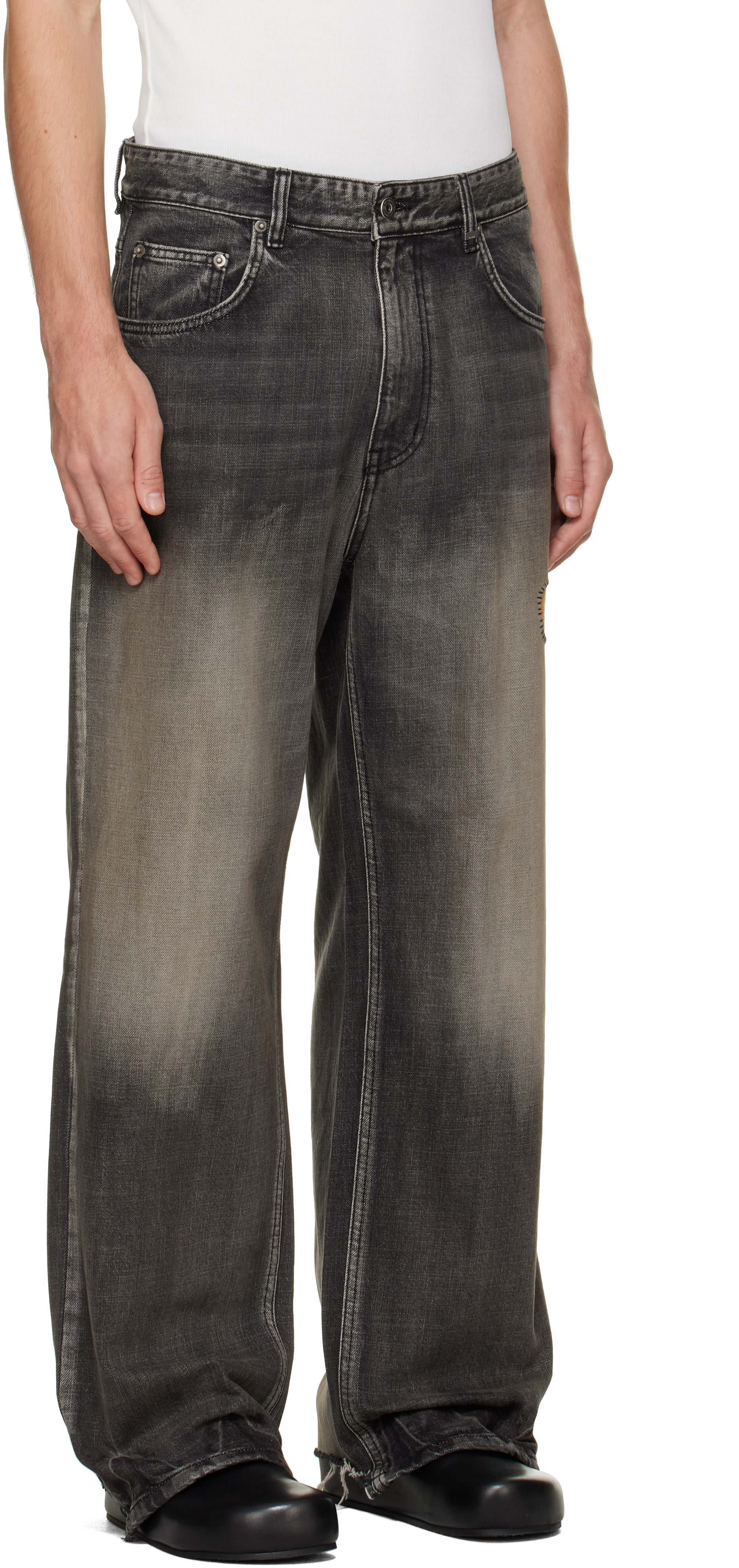 We11done - Black Repaired Check Denim Jeans