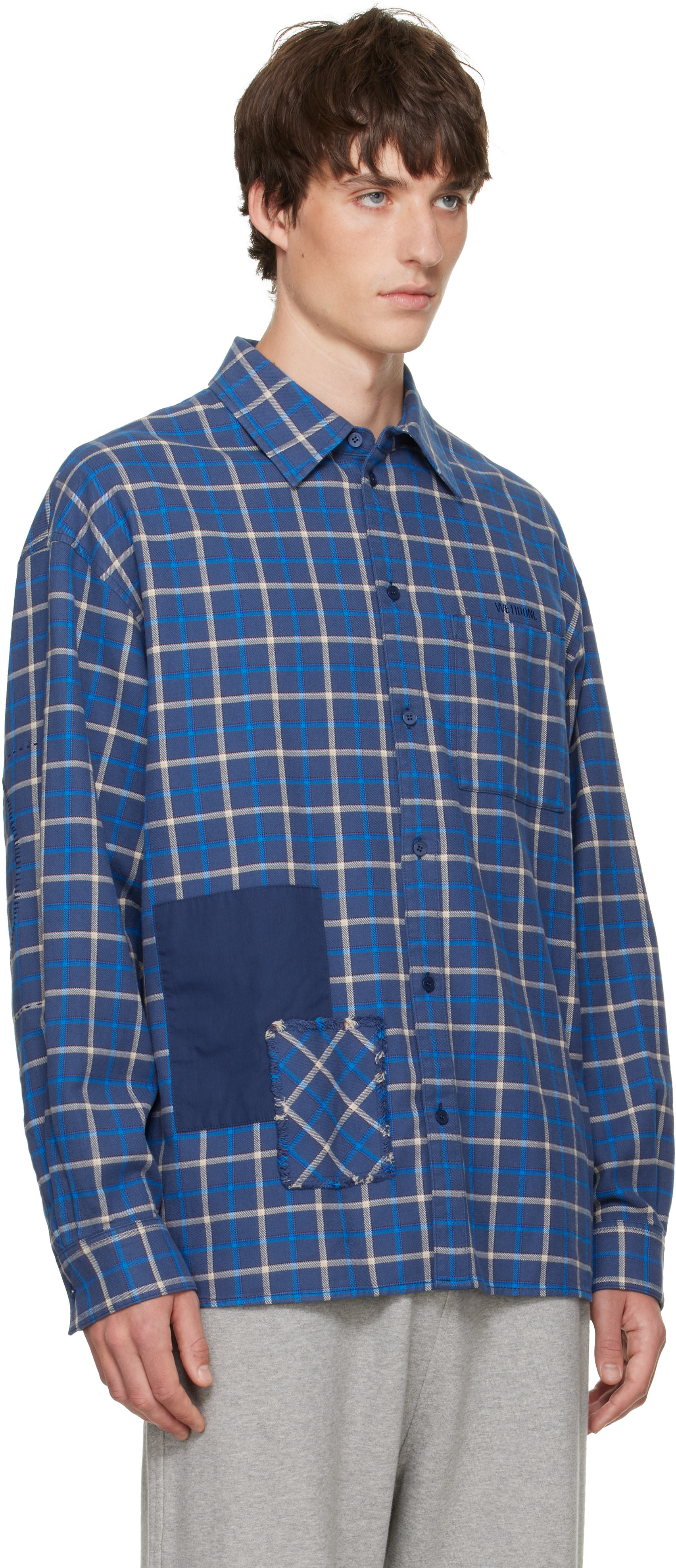 We11done - Chemise bleue à carreaux et à patchwork