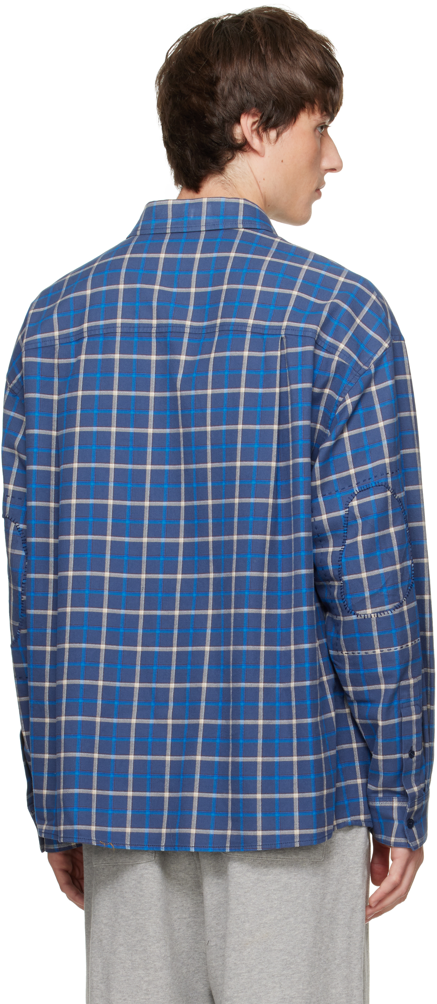 We11done - Chemise bleue à carreaux et à patchwork