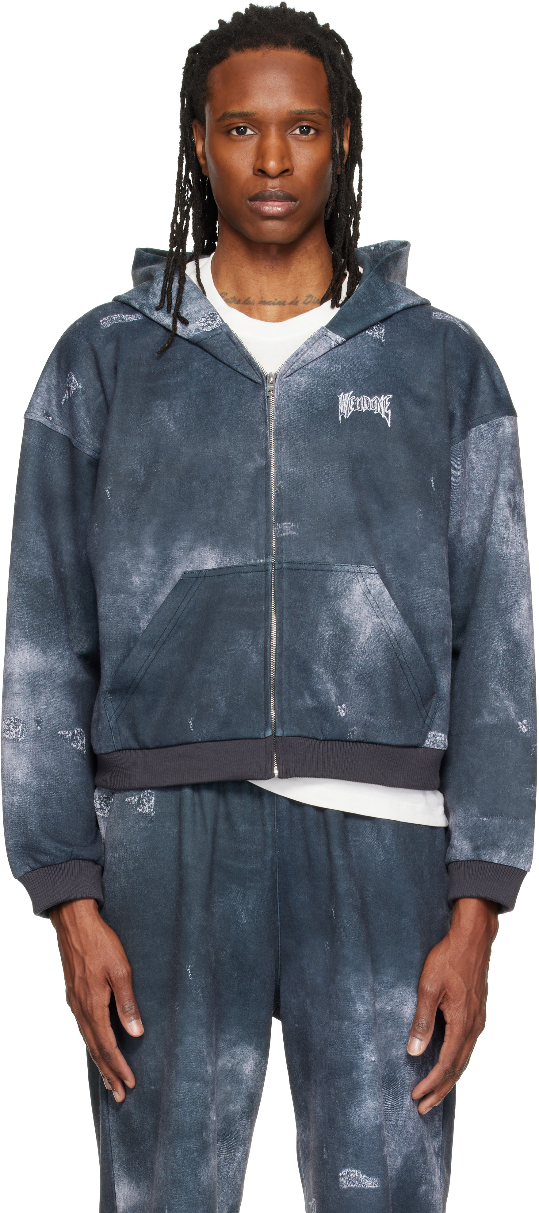 We11done: Gray Trompe L'oeil Denim Printed Zip-Up Hoodie | SSENSE