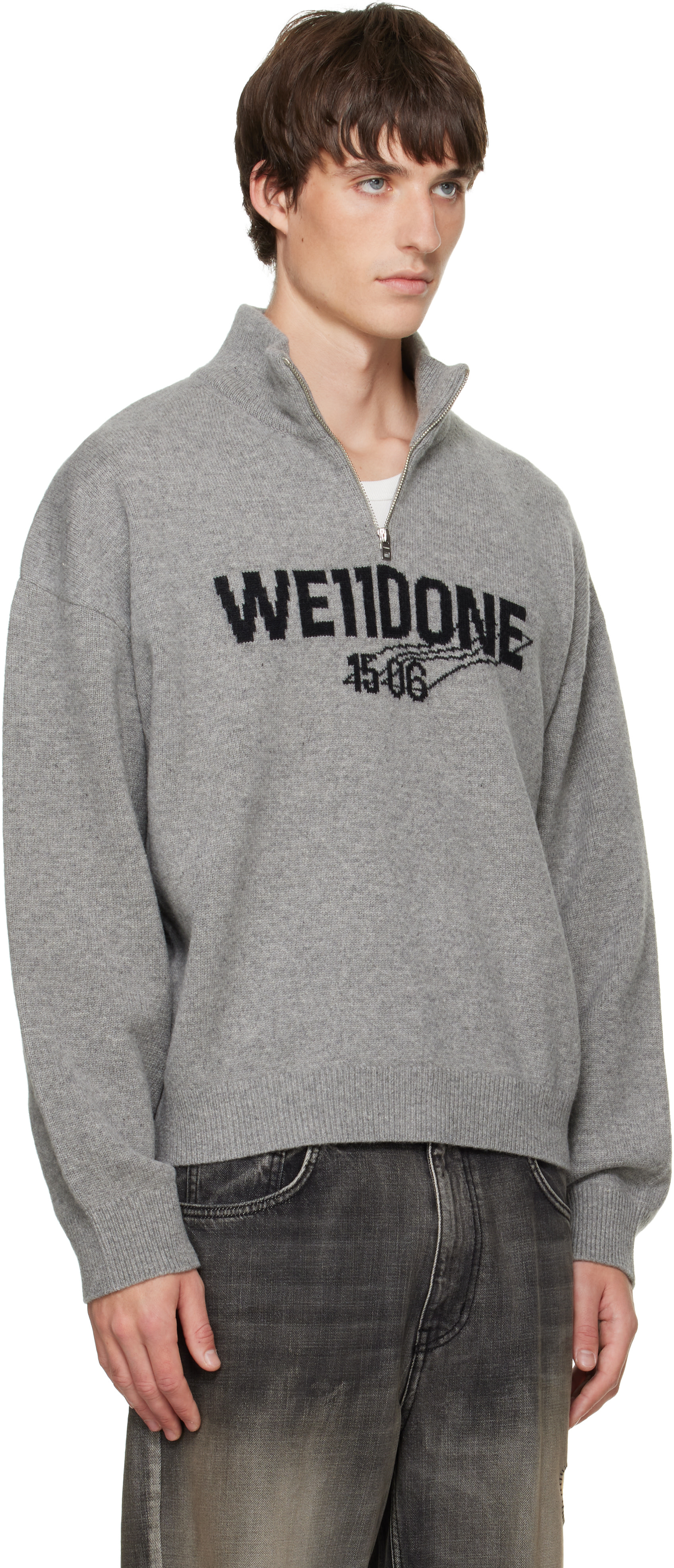 We11done - Gray Wide Logo Half-Zip Sweater