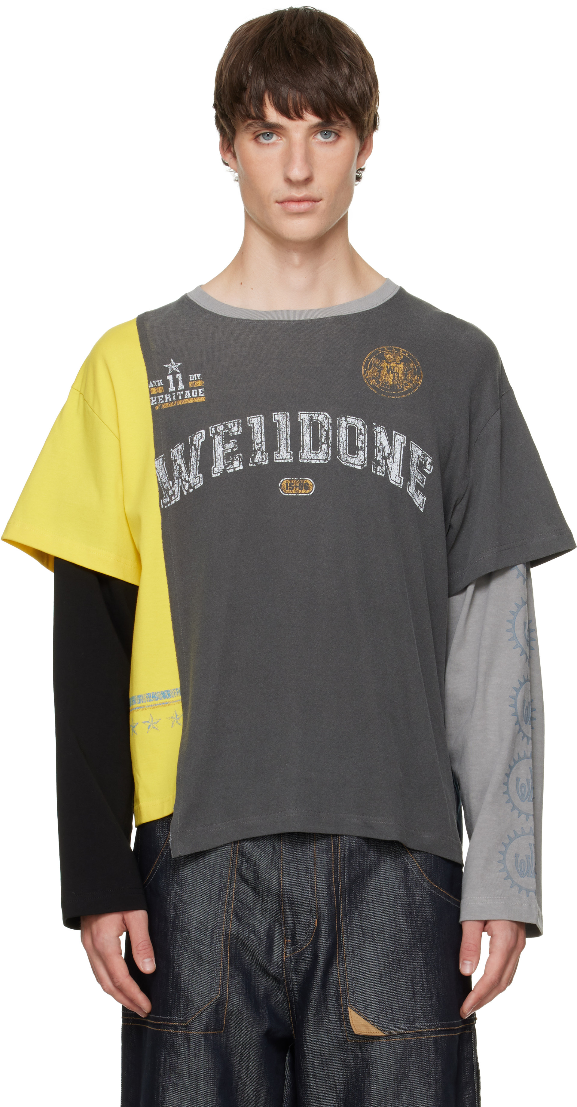 We11done - Gray Patchwork Layered Long-Sleeve T-shirt