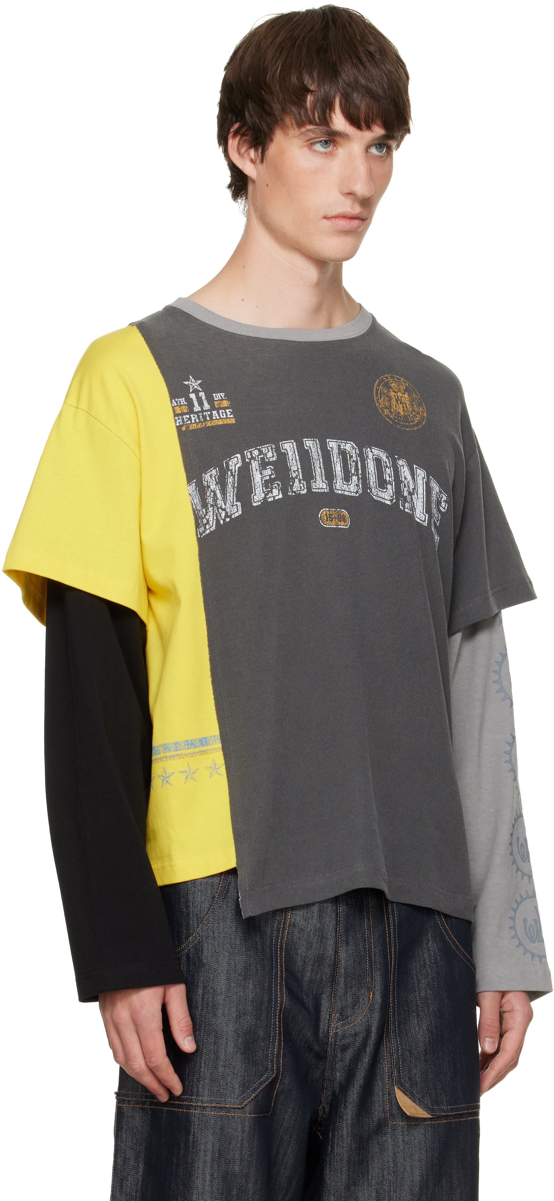 We11done - Gray Patchwork Layered Long-Sleeve T-shirt