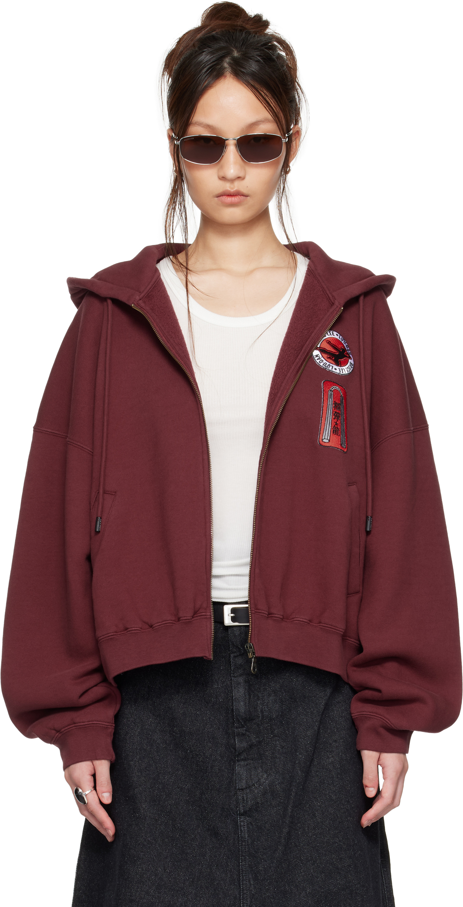LU'U DAN: BRUCE LEE x LỰU ĐẠN Burgundy Zip Hoodie | SSENSE