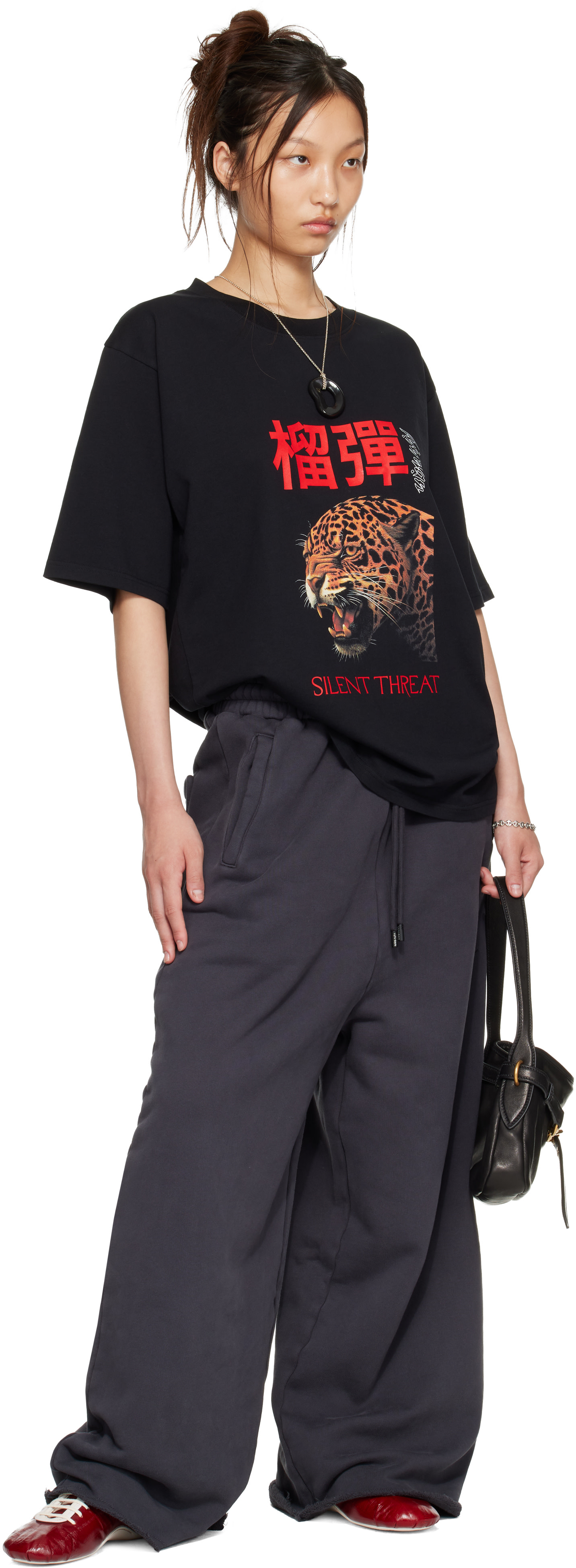 LU’U DAN - T-shirt noir à image de léopard