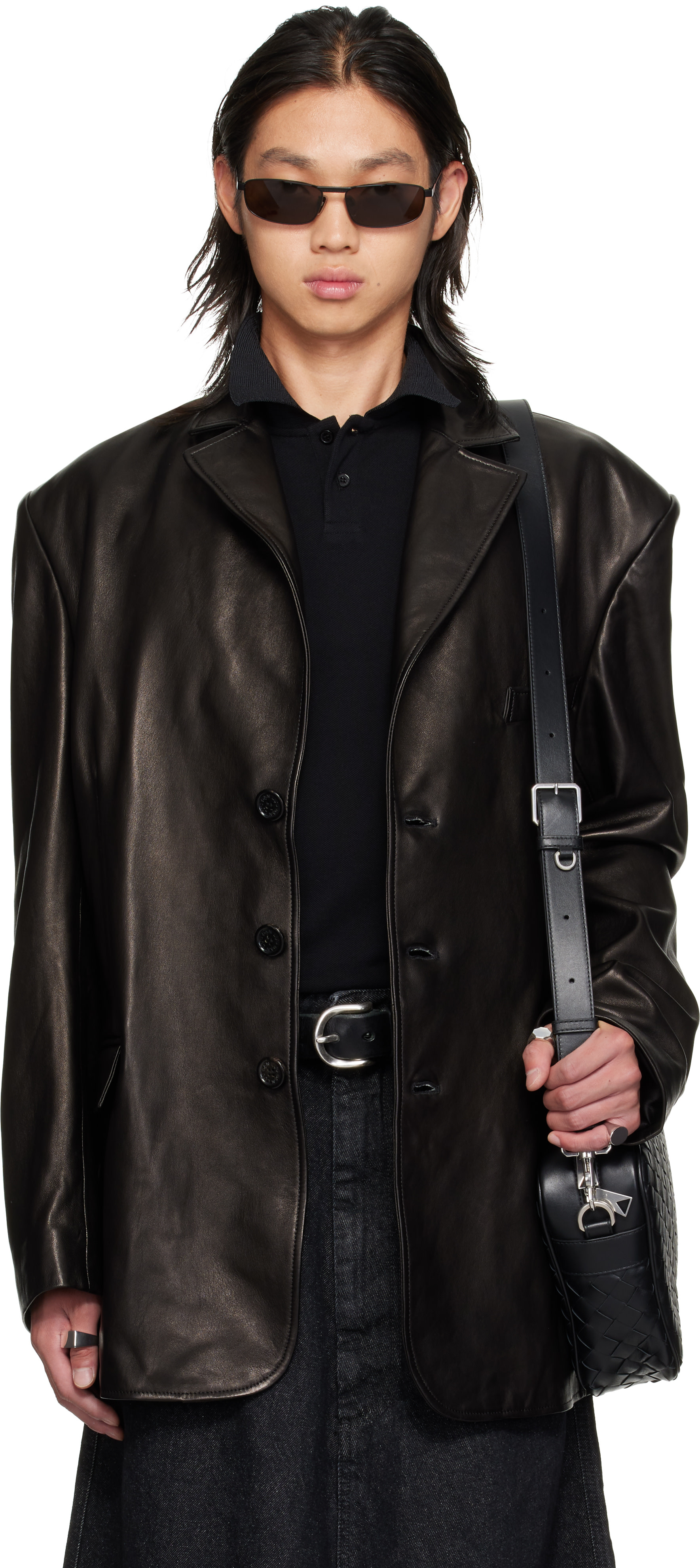 LU'U DAN - Black Oversized Tailored Leather Suit Jacket