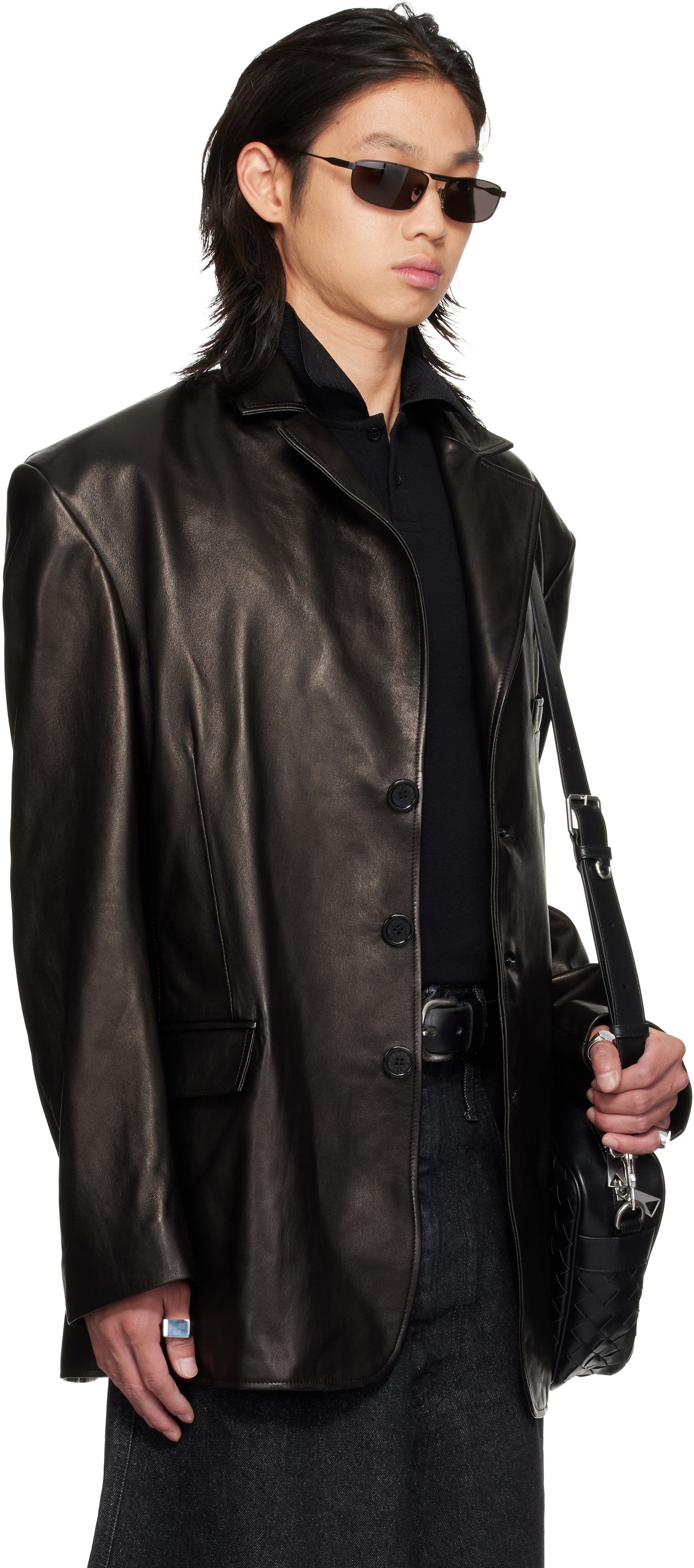 LU'U DAN - Black Oversized Tailored Leather Suit Jacket