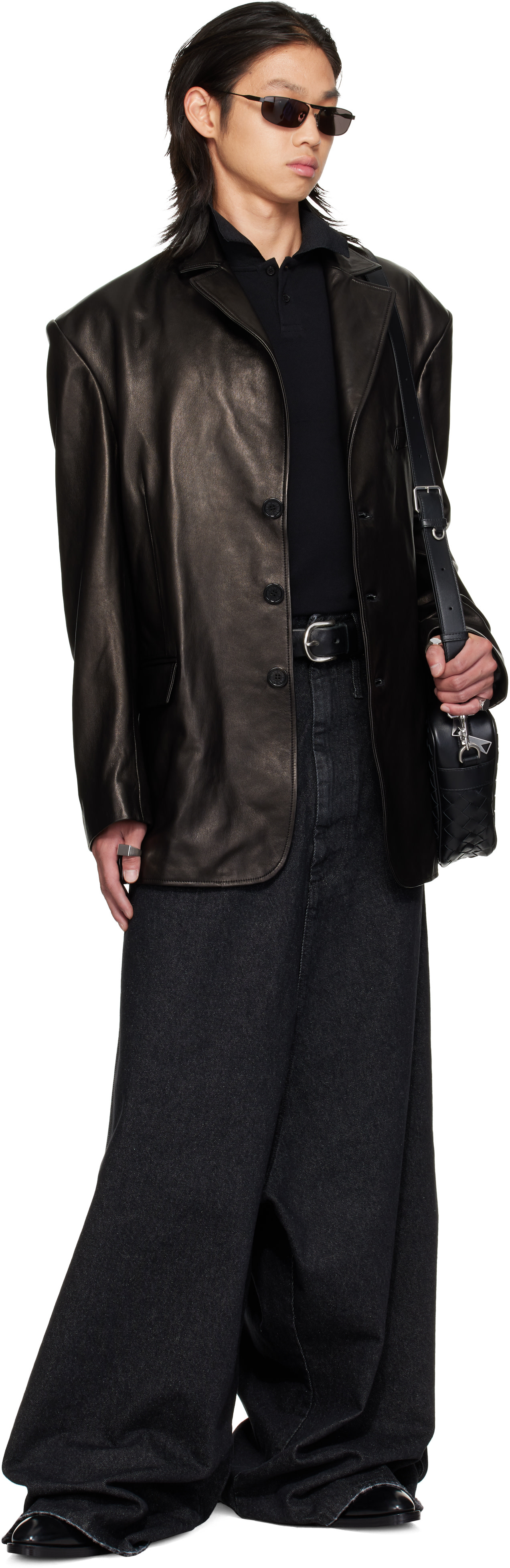 LU'U DAN - Black Oversized Tailored Leather Suit Jacket