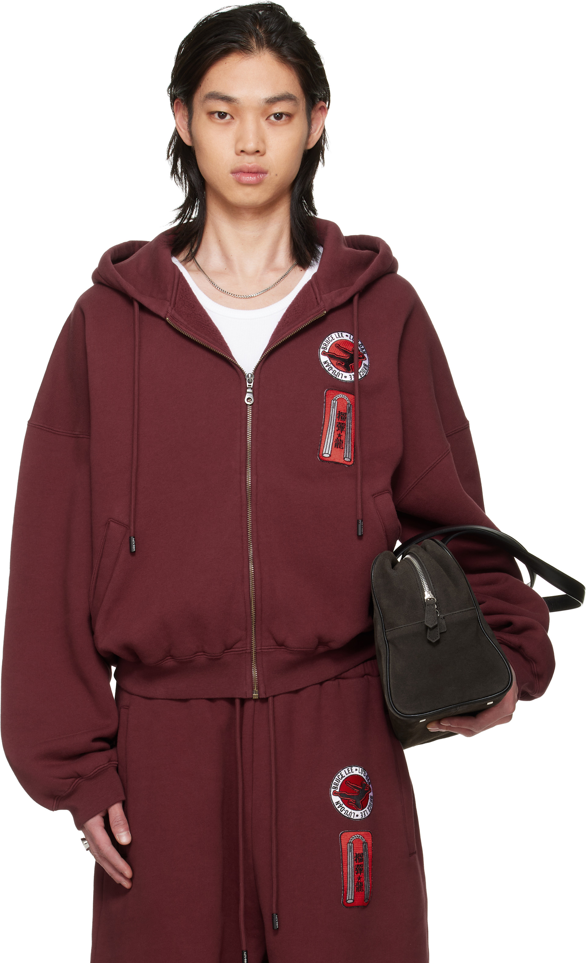 URU セットアップ D.maroon LU'U DAN: BRUCE LEE x LỰU ĐẠN Burgundy Zip Hoodie | SSENSE