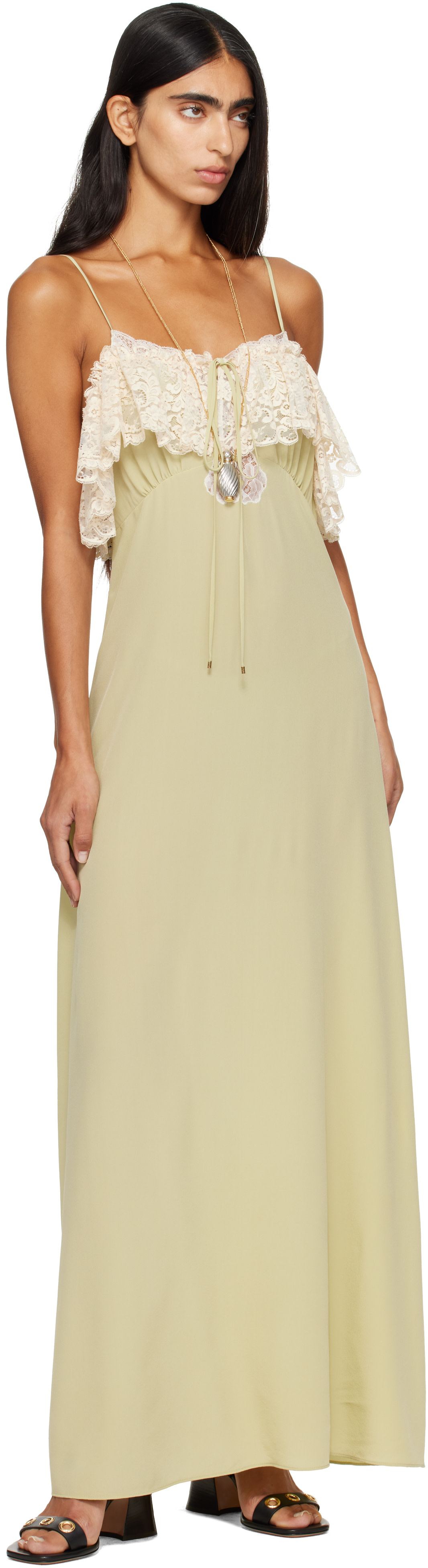 Green Crêpe de Chine & Lace Thin-Strap Maxi Dress