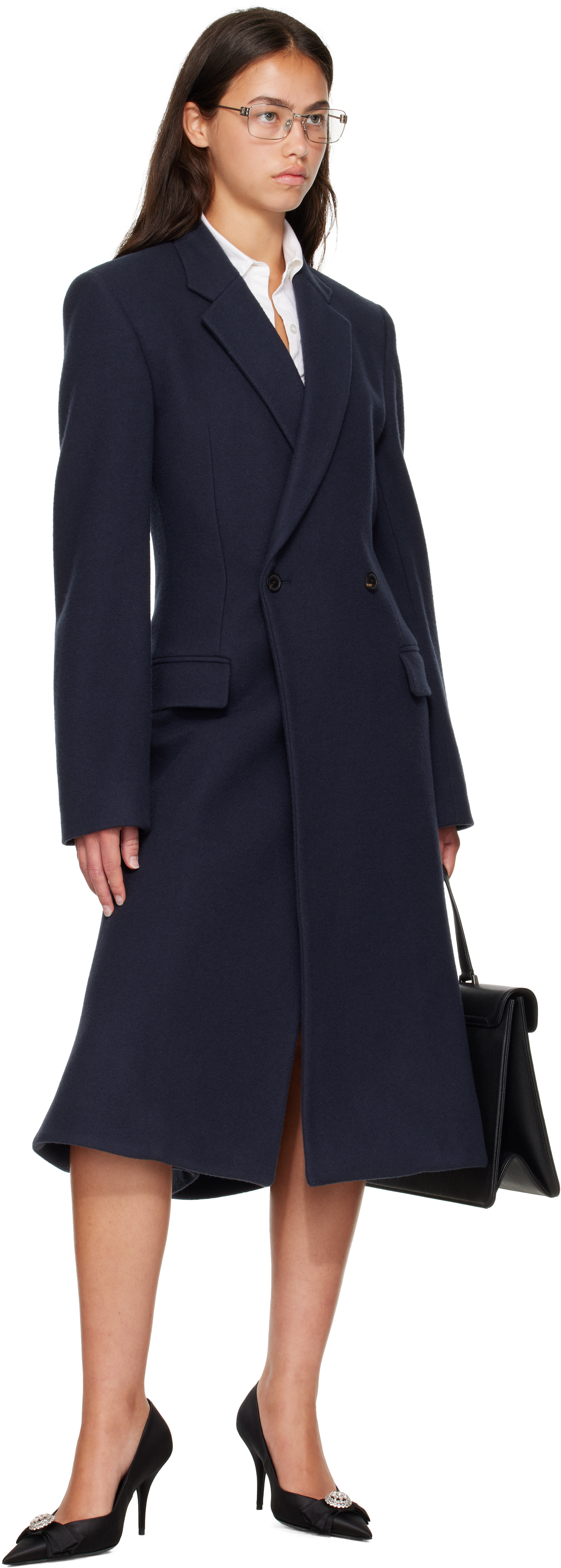 Balenciaga: Navy Godet Midi Coat | SSENSE
