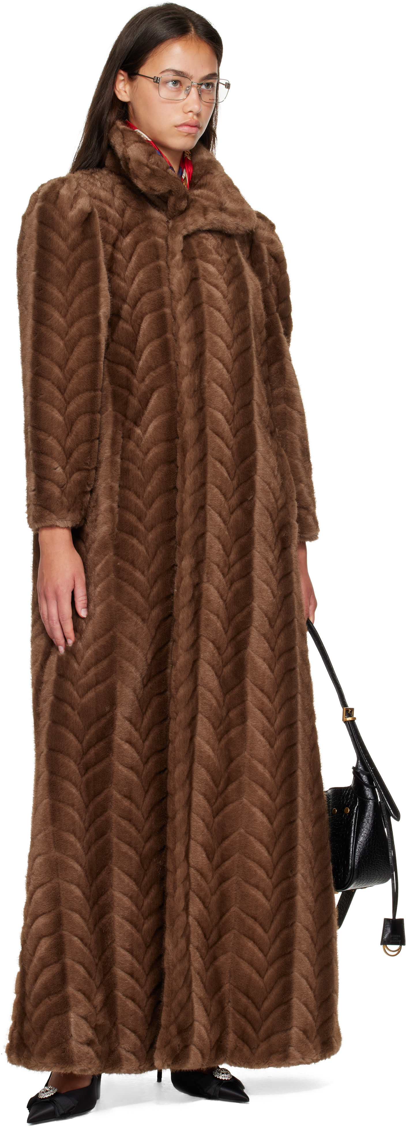 Balenciaga: Brown Cable Knit Faux Fur Coat | SSENSE