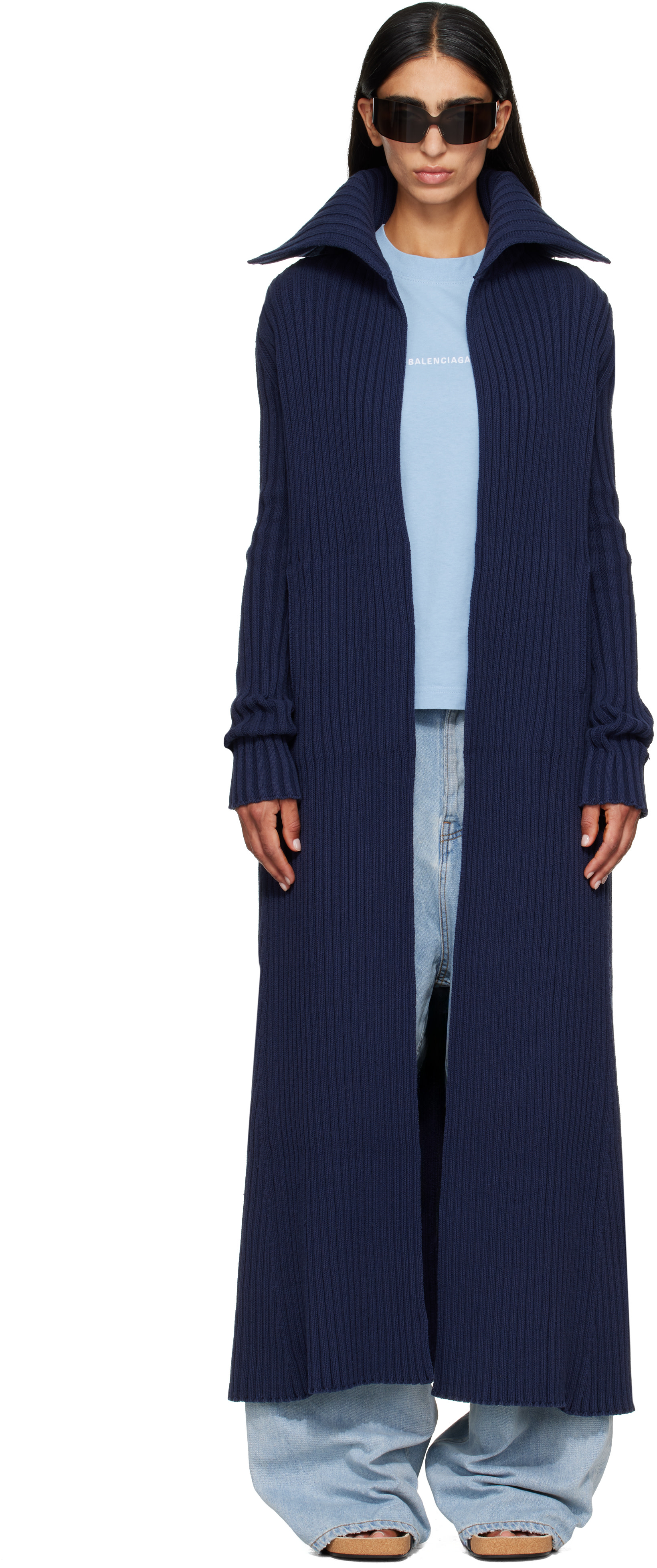 美品 BALENCIAGA ネイビー カーディガン Balenciaga: Navy Cotton Mix Thick Ribs Maxi Cardigan | SSENSE Canada