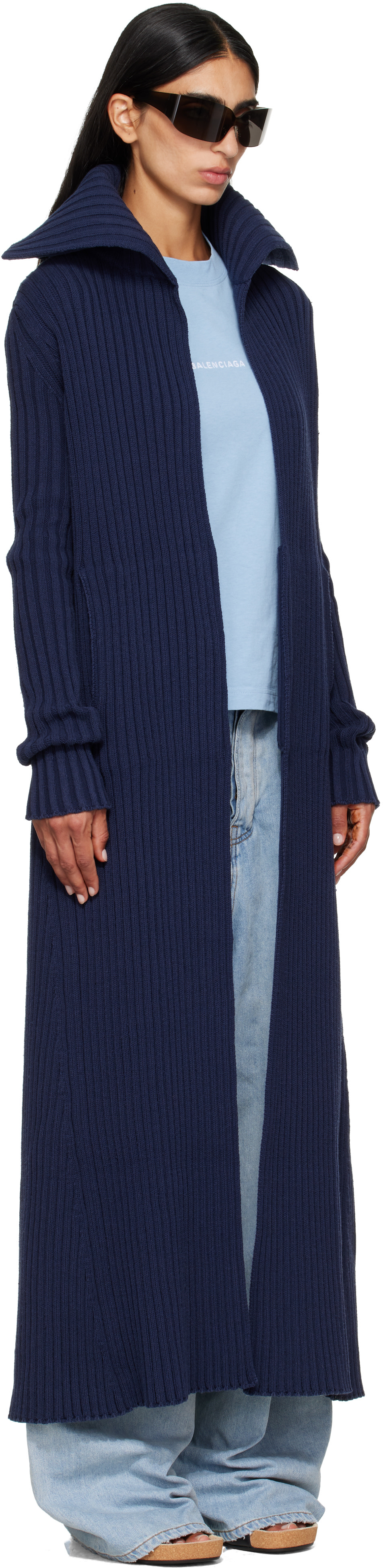 Balenciaga: Navy Cotton Mix Thick Ribs Maxi Cardigan | SSENSE Canada