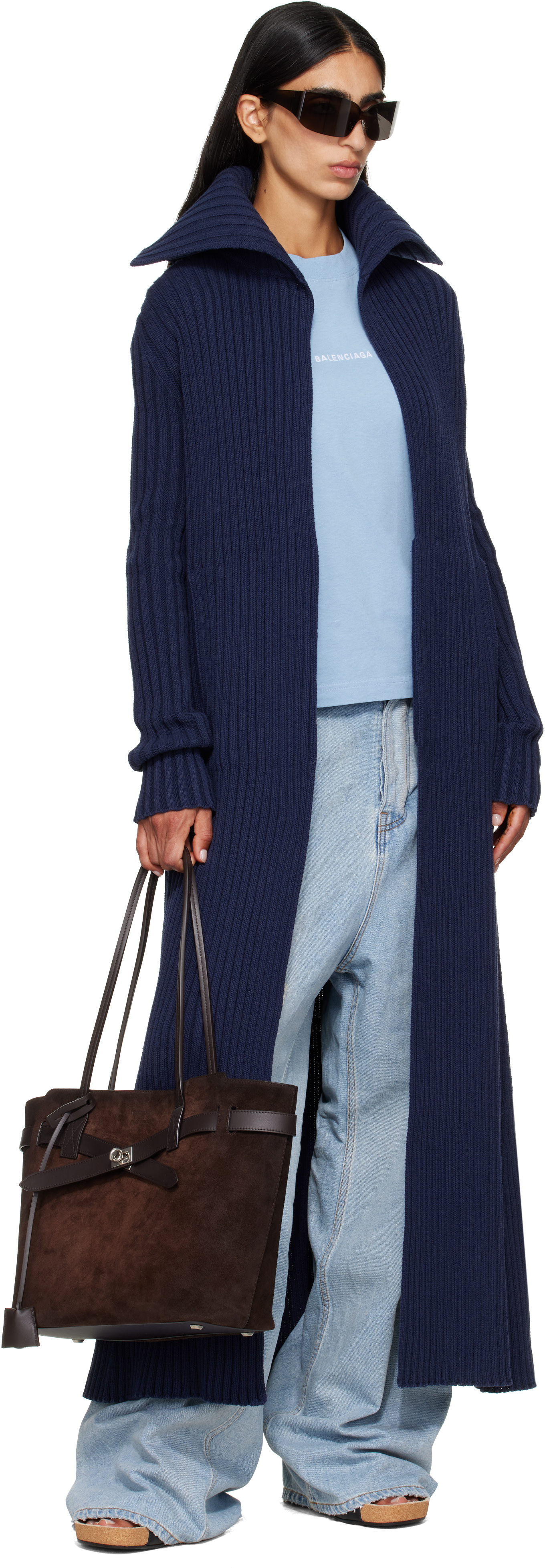 Balenciaga: Navy Cotton Mix Thick Ribs Maxi Cardigan | SSENSE Canada