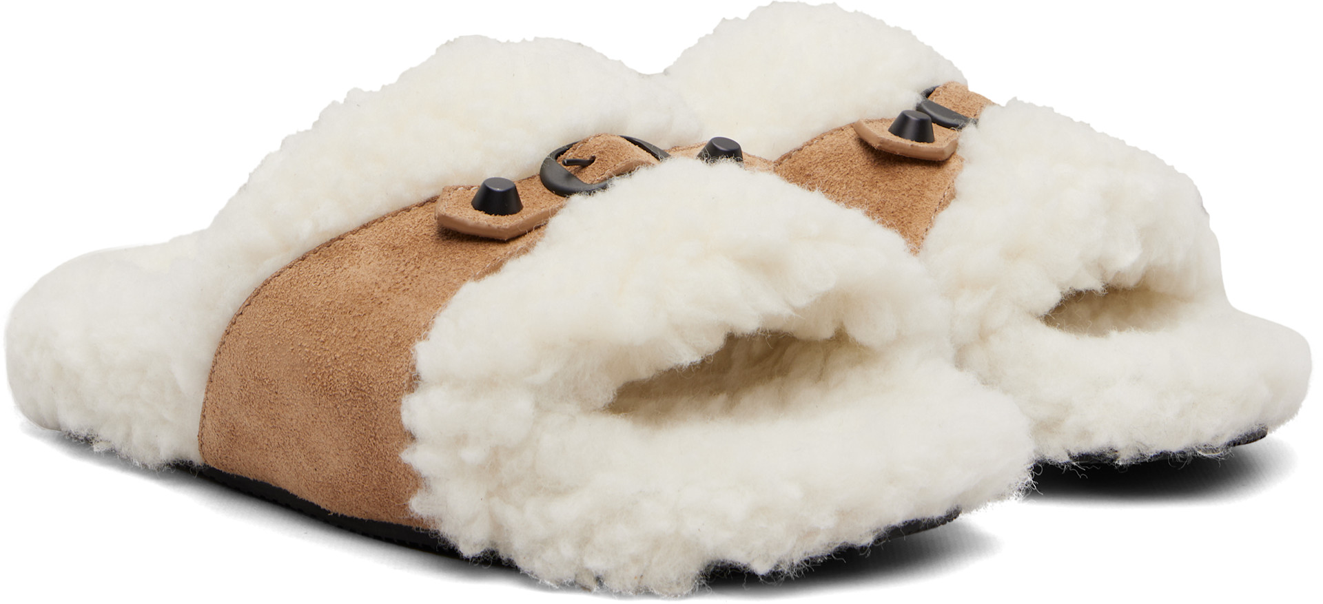 Balenciaga: Tan & Off-White Furry Slides | SSENSE