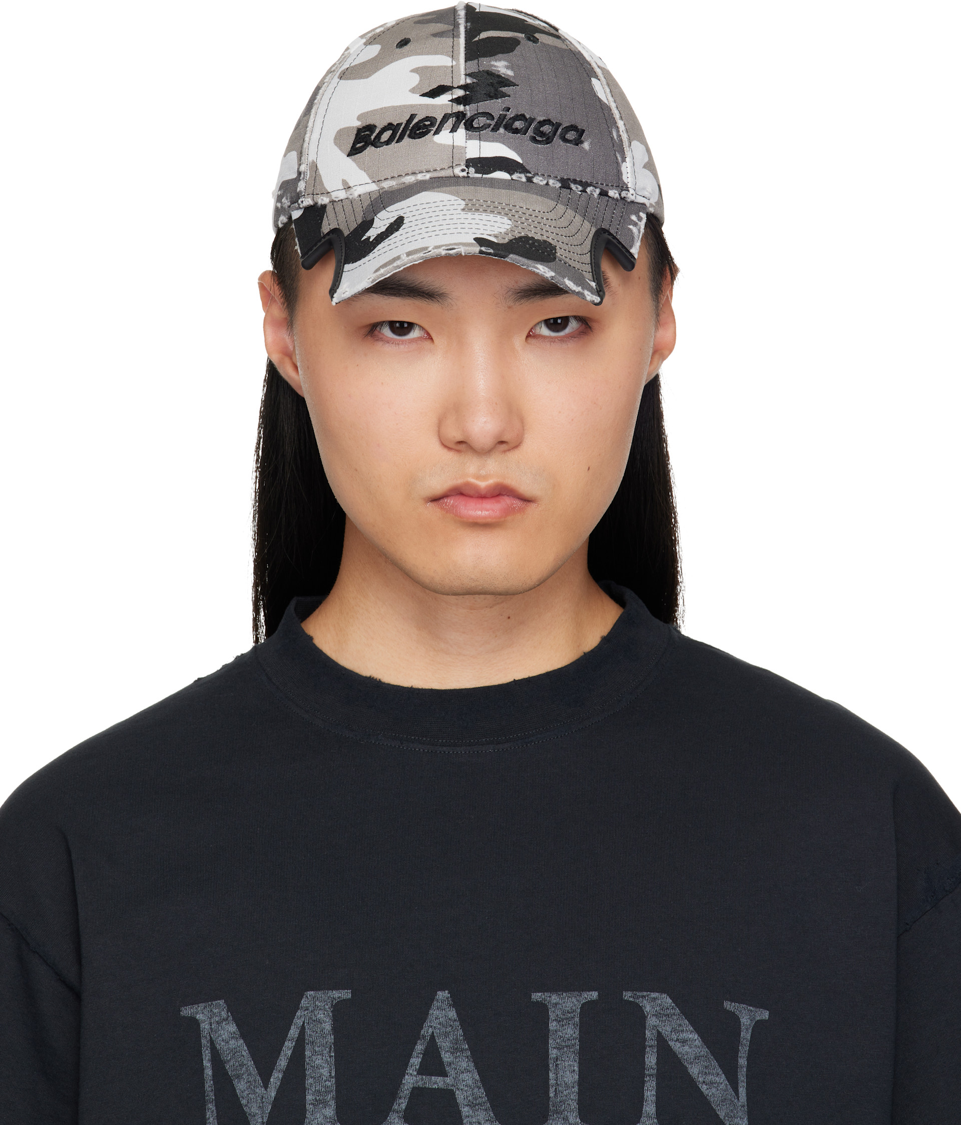 Balenciaga: グレー＆ブラック 迷彩 コットン リップストップ キャップ