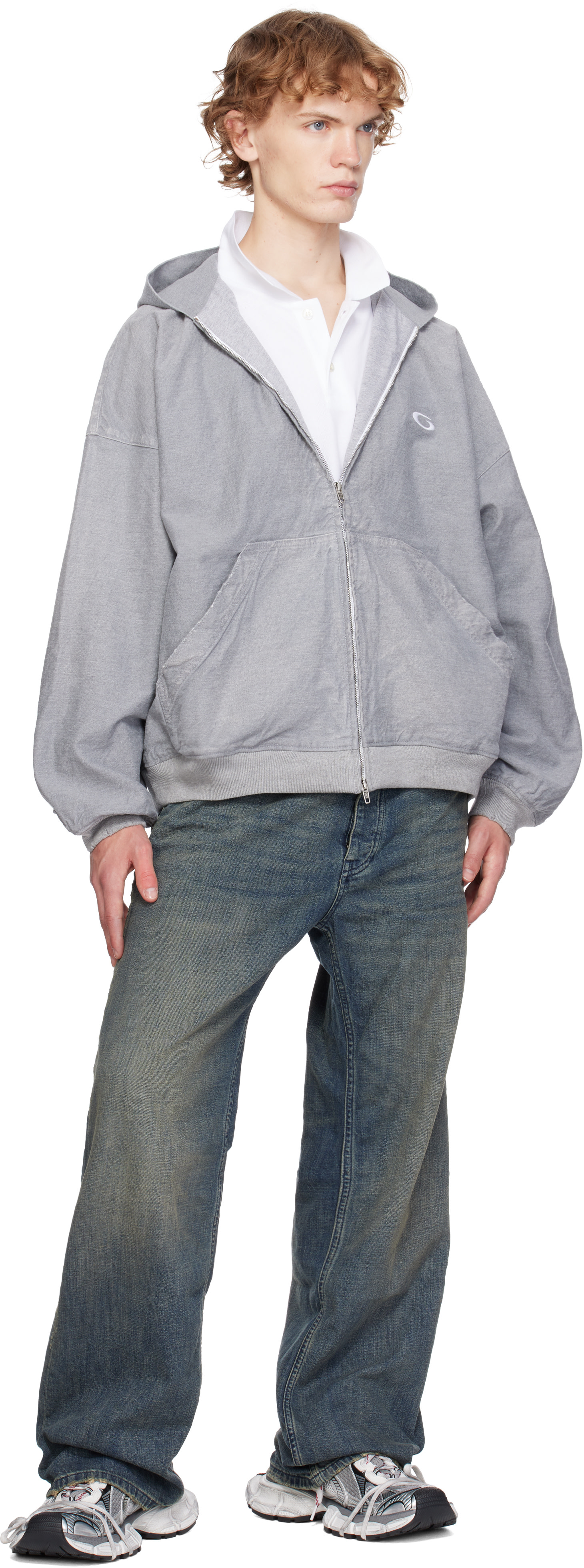 Balenciaga: Gray Denim Logo Hoodie | SSENSE